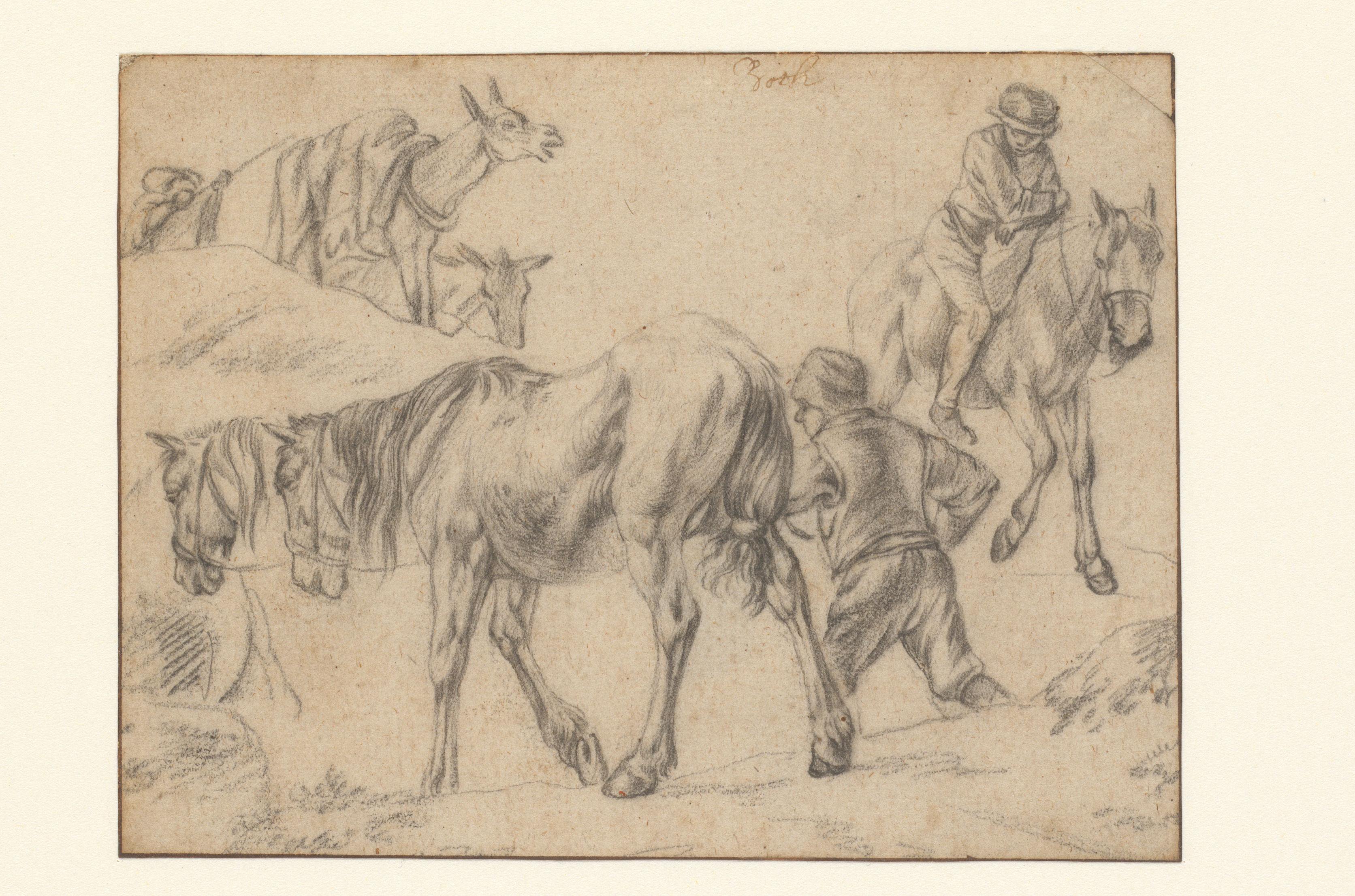 Studieblad met figuren, paarden en ezels