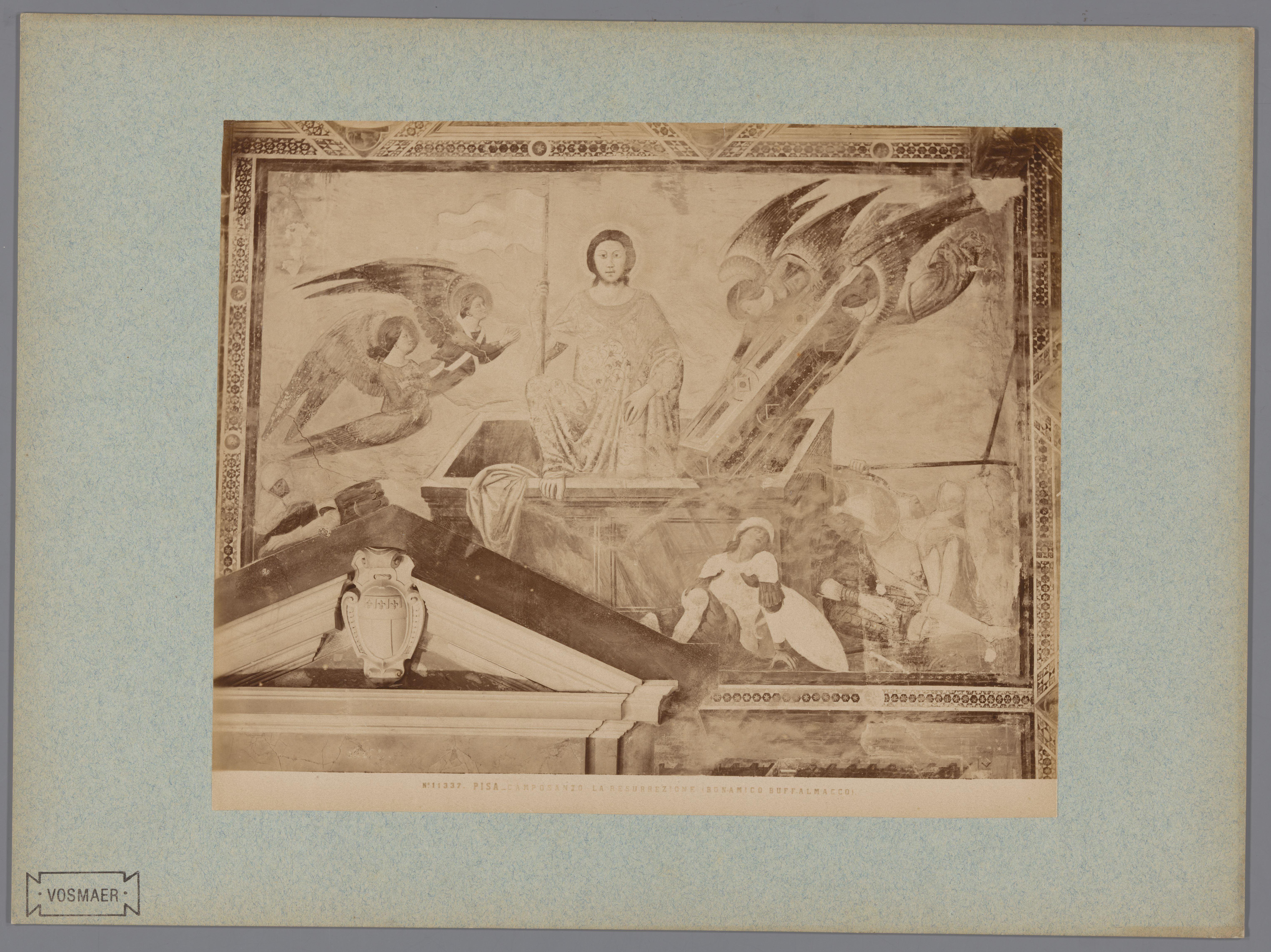 Fotoreproductie van het fresco De herrijzenis van Christus naar Buanamico Buffalmacco in het Camposanto te Pisa, Italië