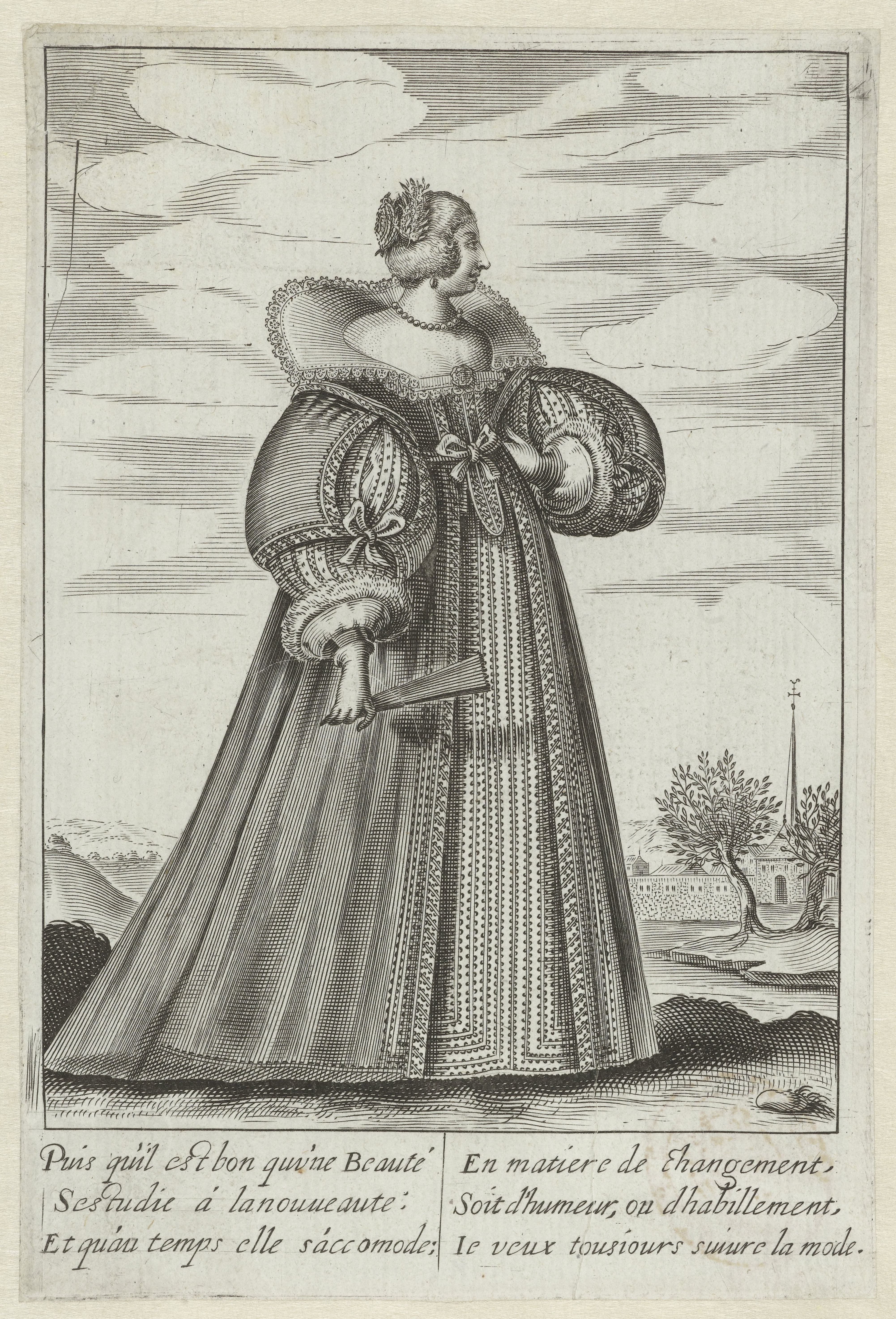 Franse hofdame in een landschap