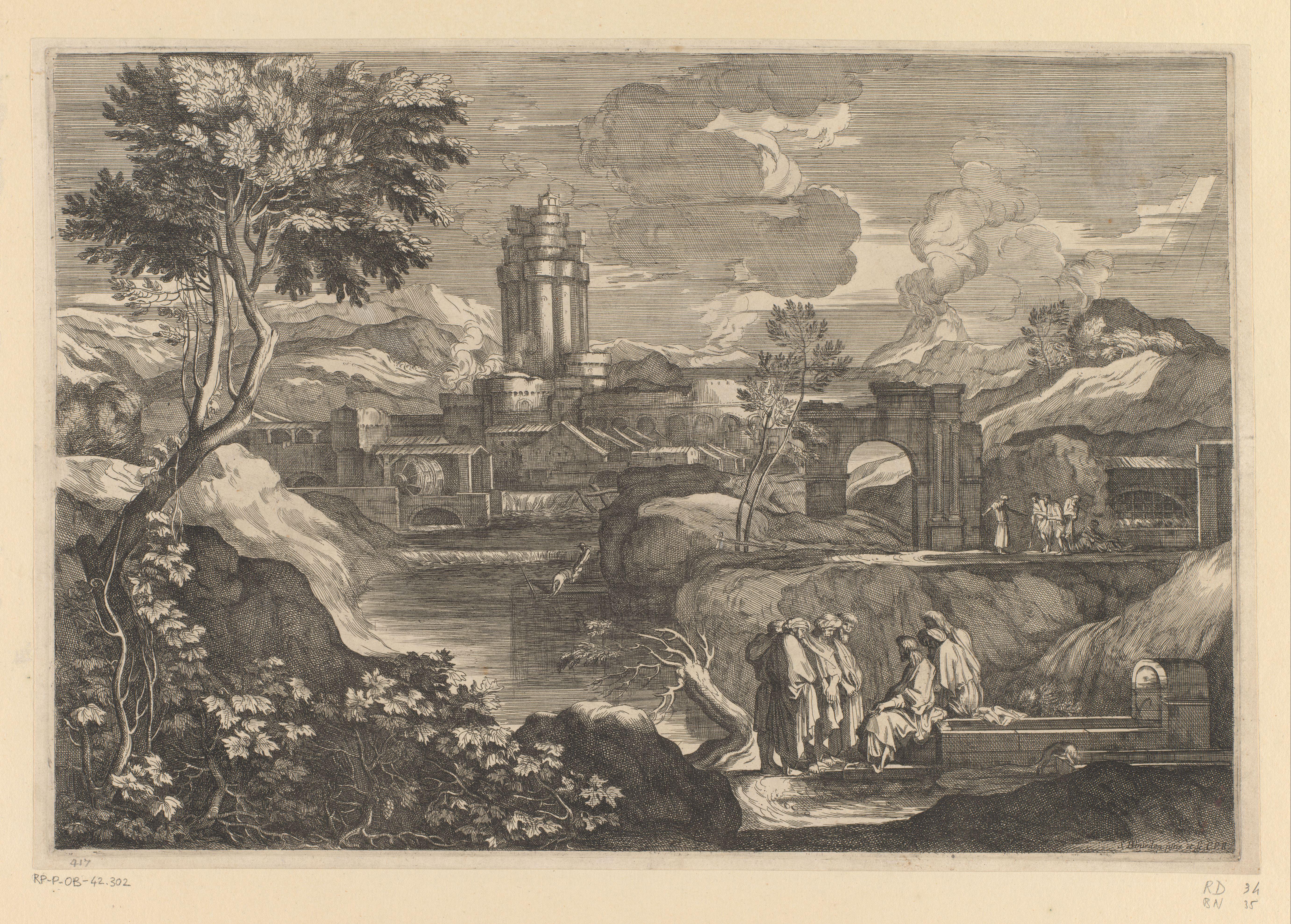 Landschap met gebouwen en Jozef met zijn gevolg