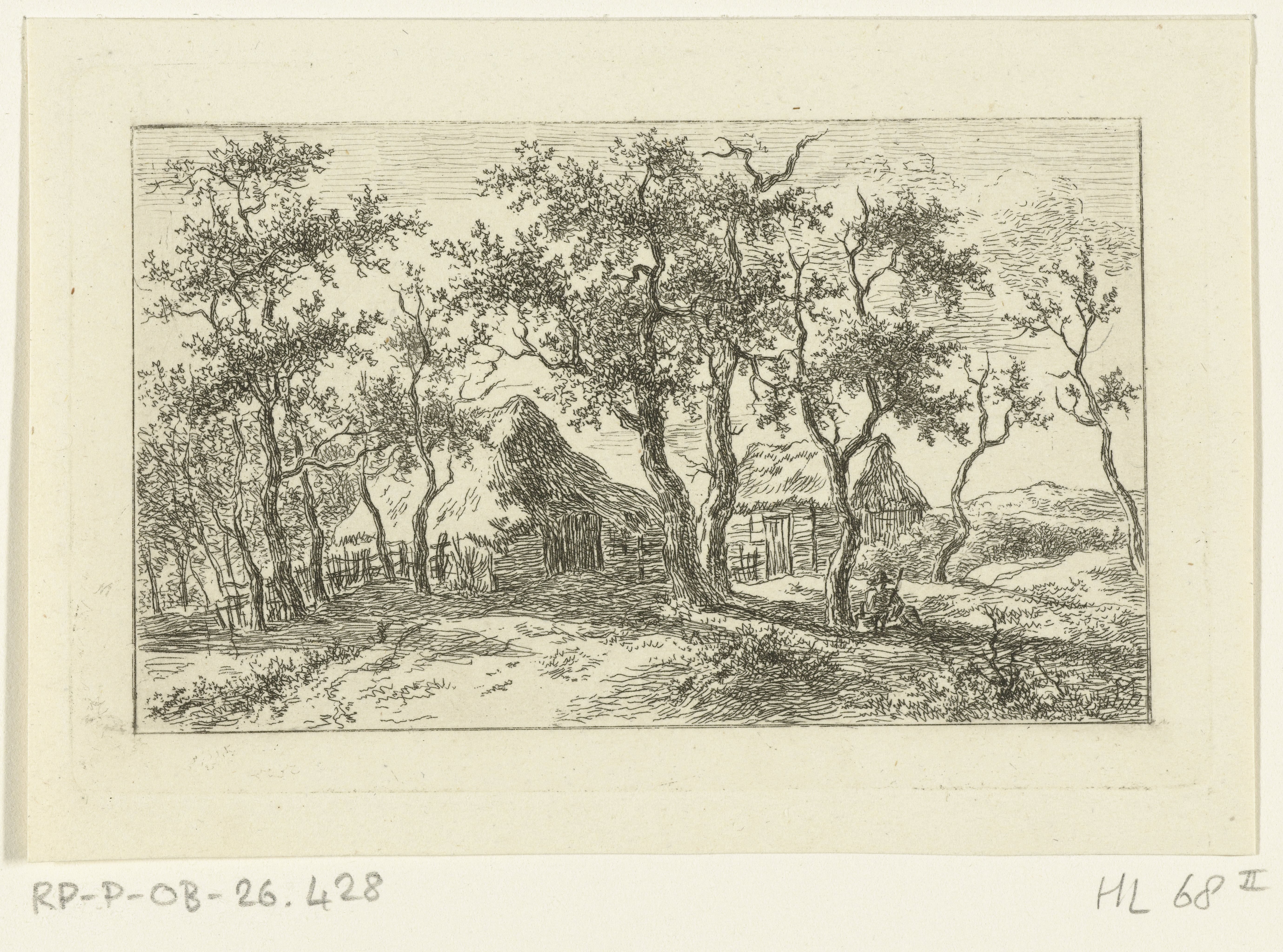 Landschap met boerderij en wandelaar