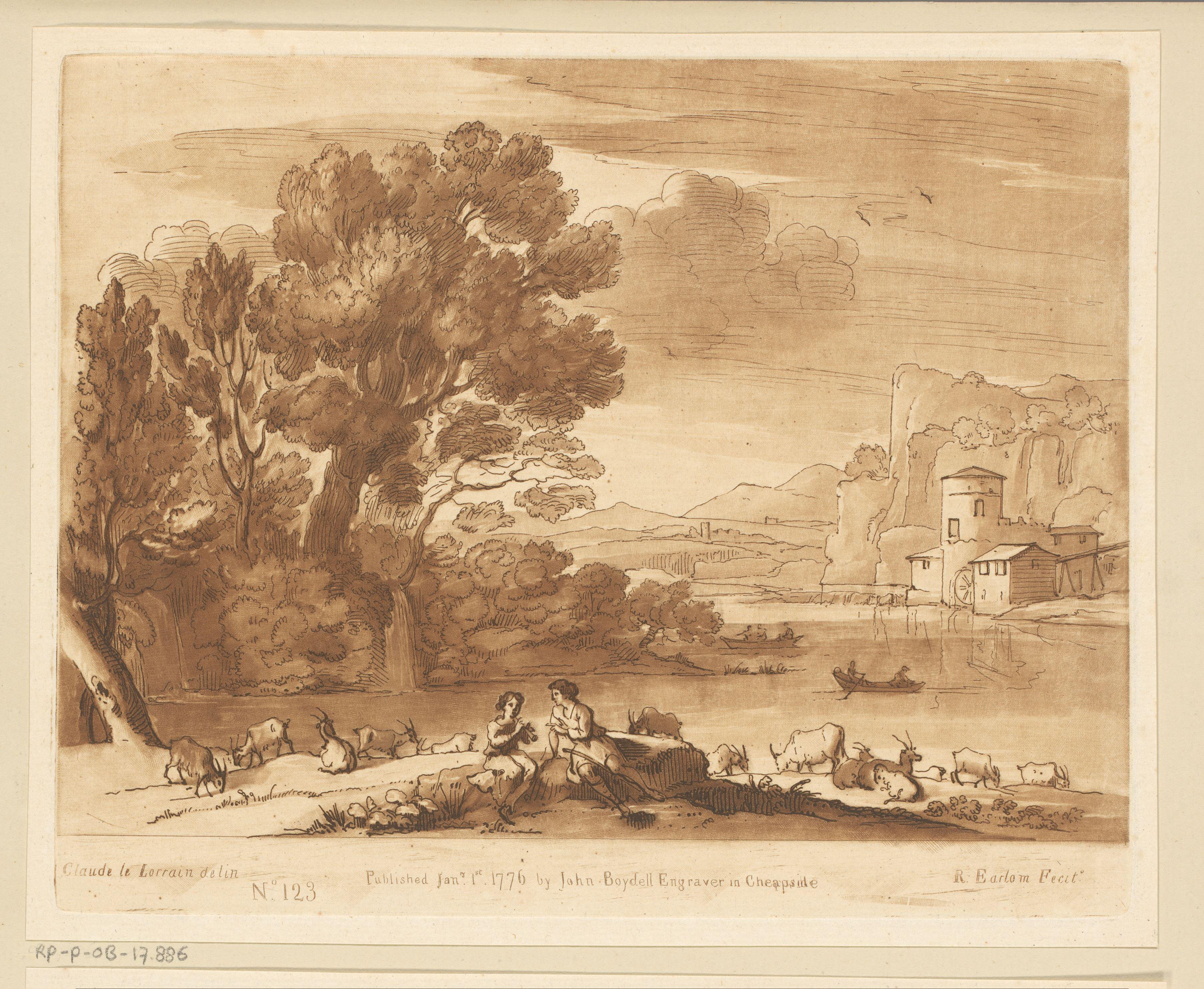 Landschap met herderspaar en geiten bij een oever