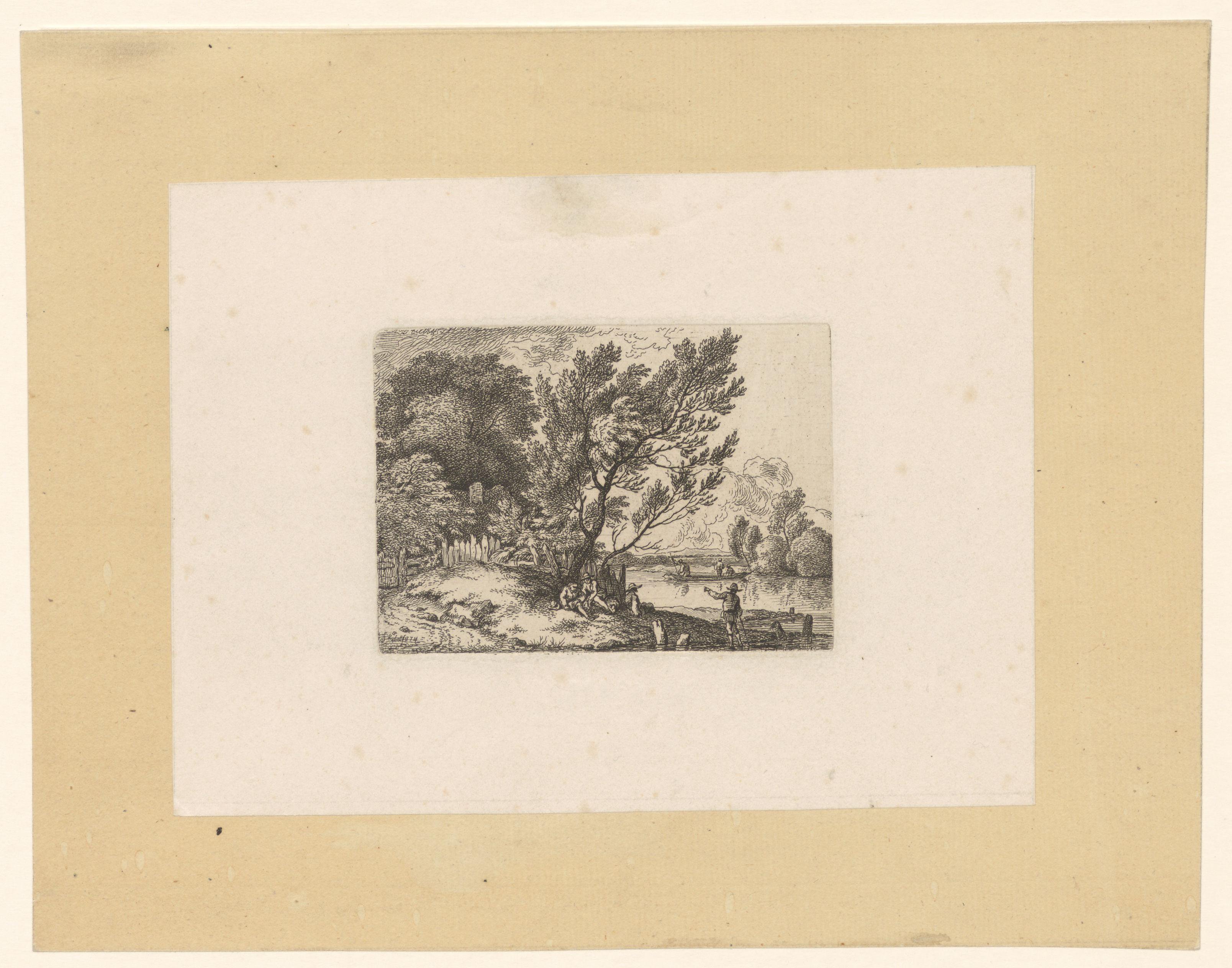 Landschap met rustende figuren bij de oever van een rivier