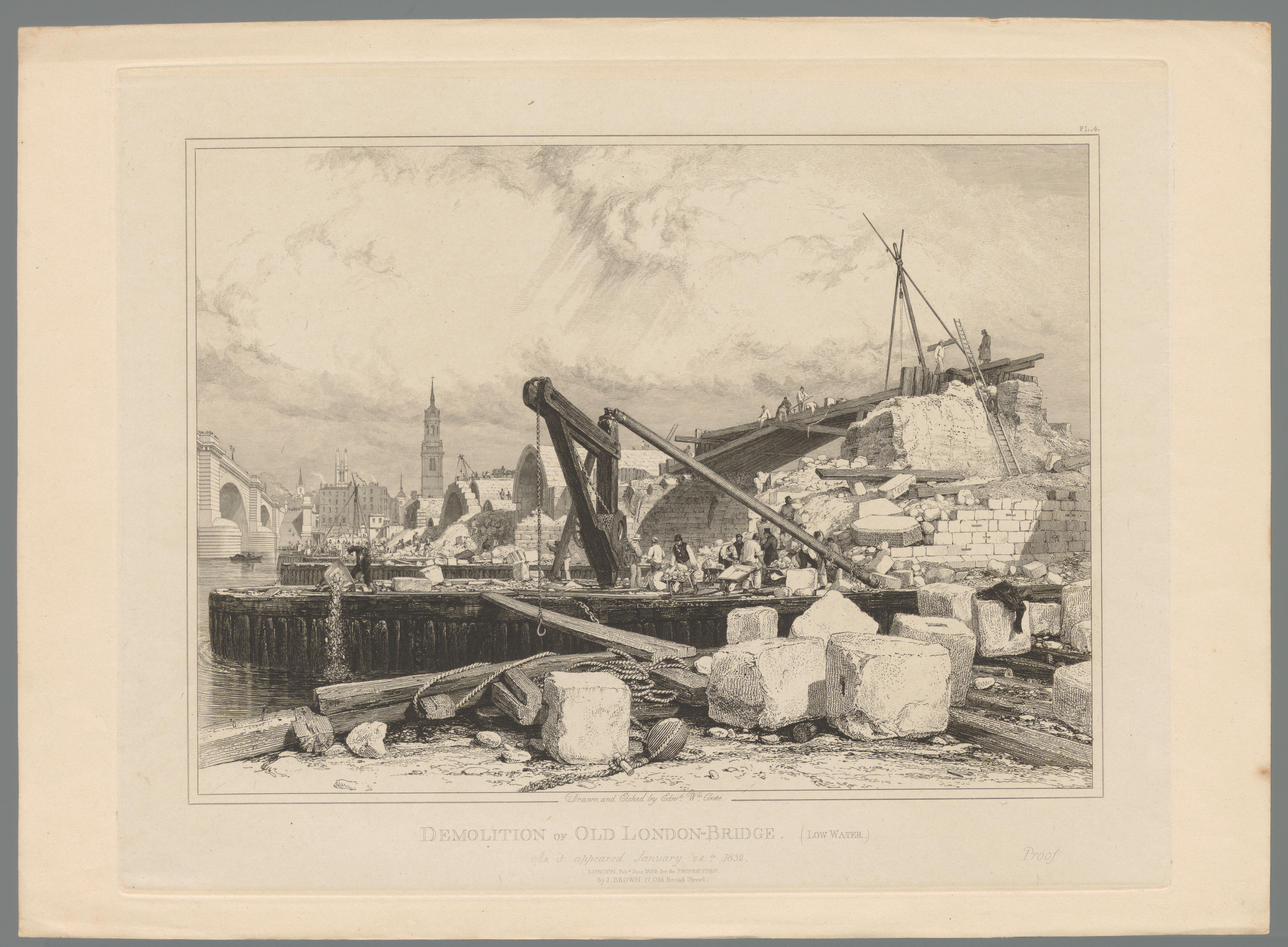 Sloop van de oude London Bridge met links de nieuwe brug, 1832