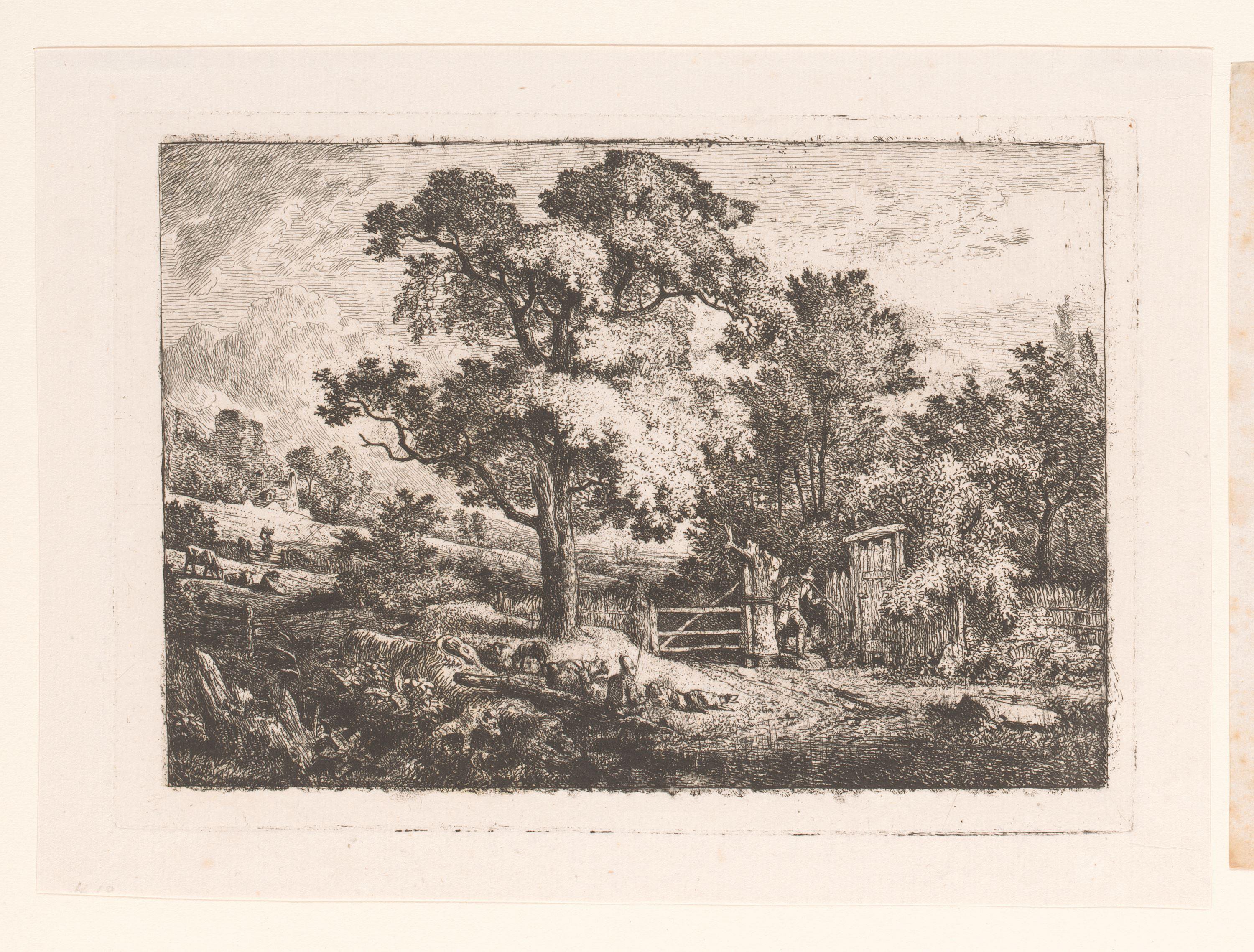 Landschap met hekwerk en herders met vee