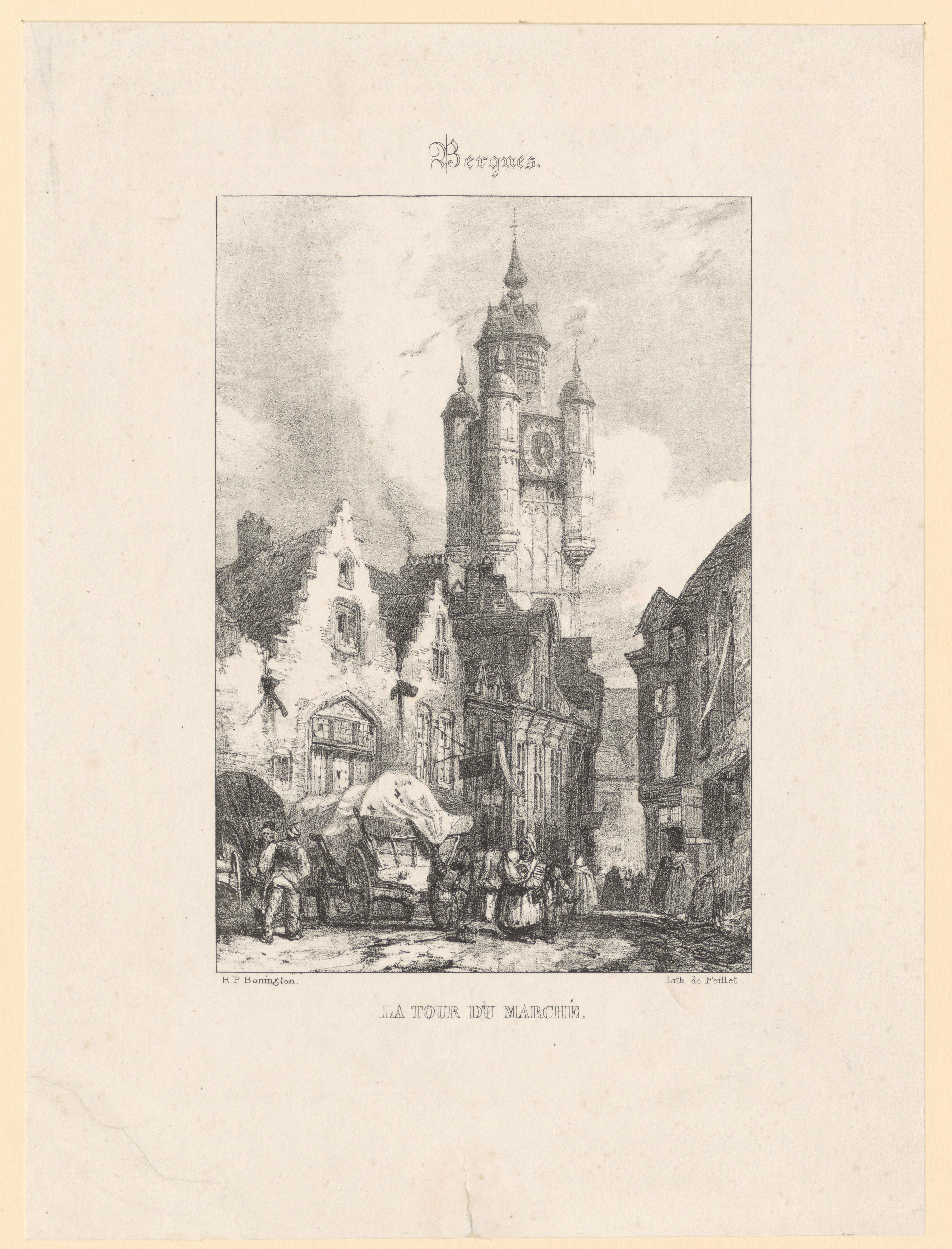 Gezicht op de markt en toren van Sint-Winoksbergen