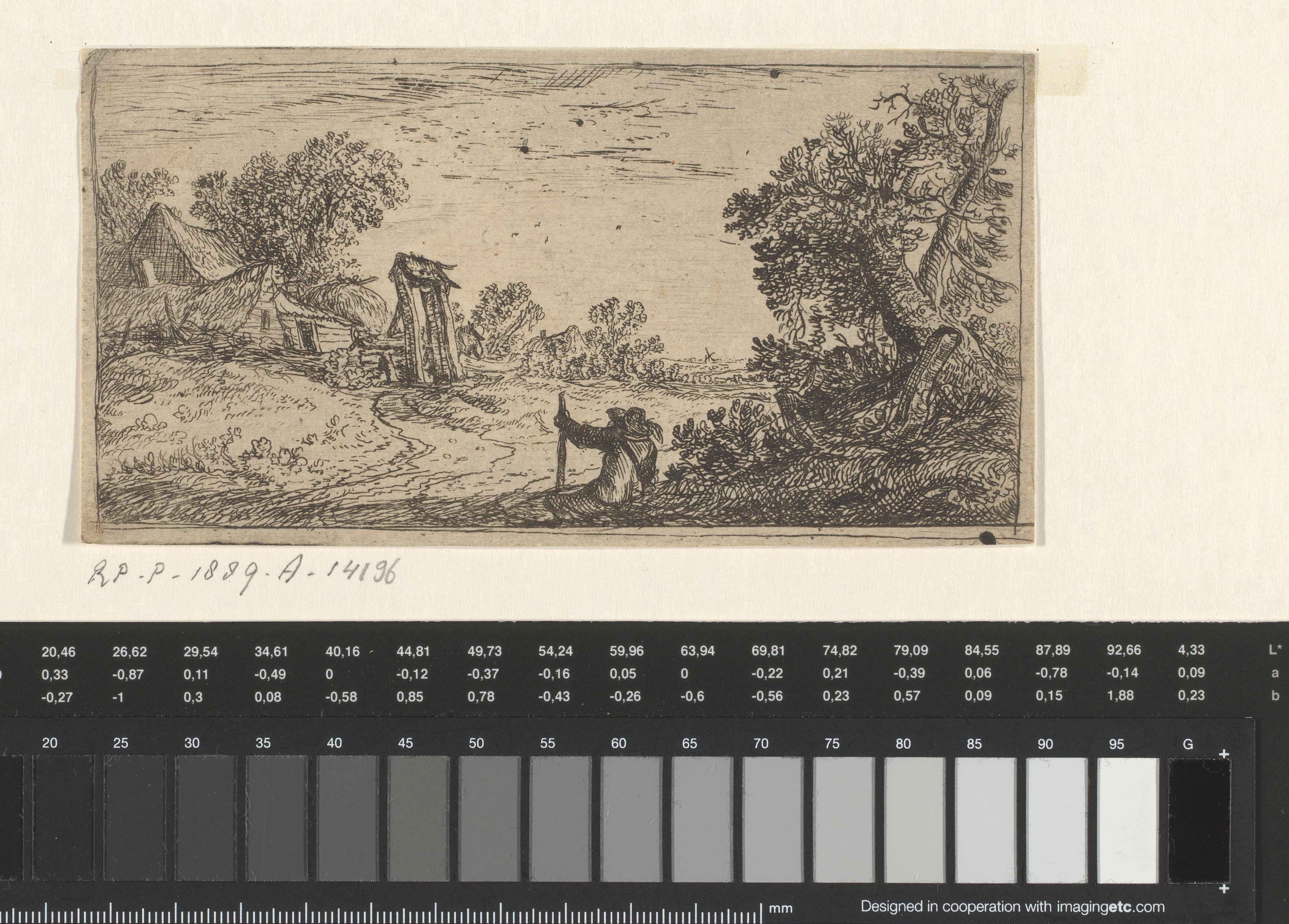 Landschap met boerderij en rustende reiziger