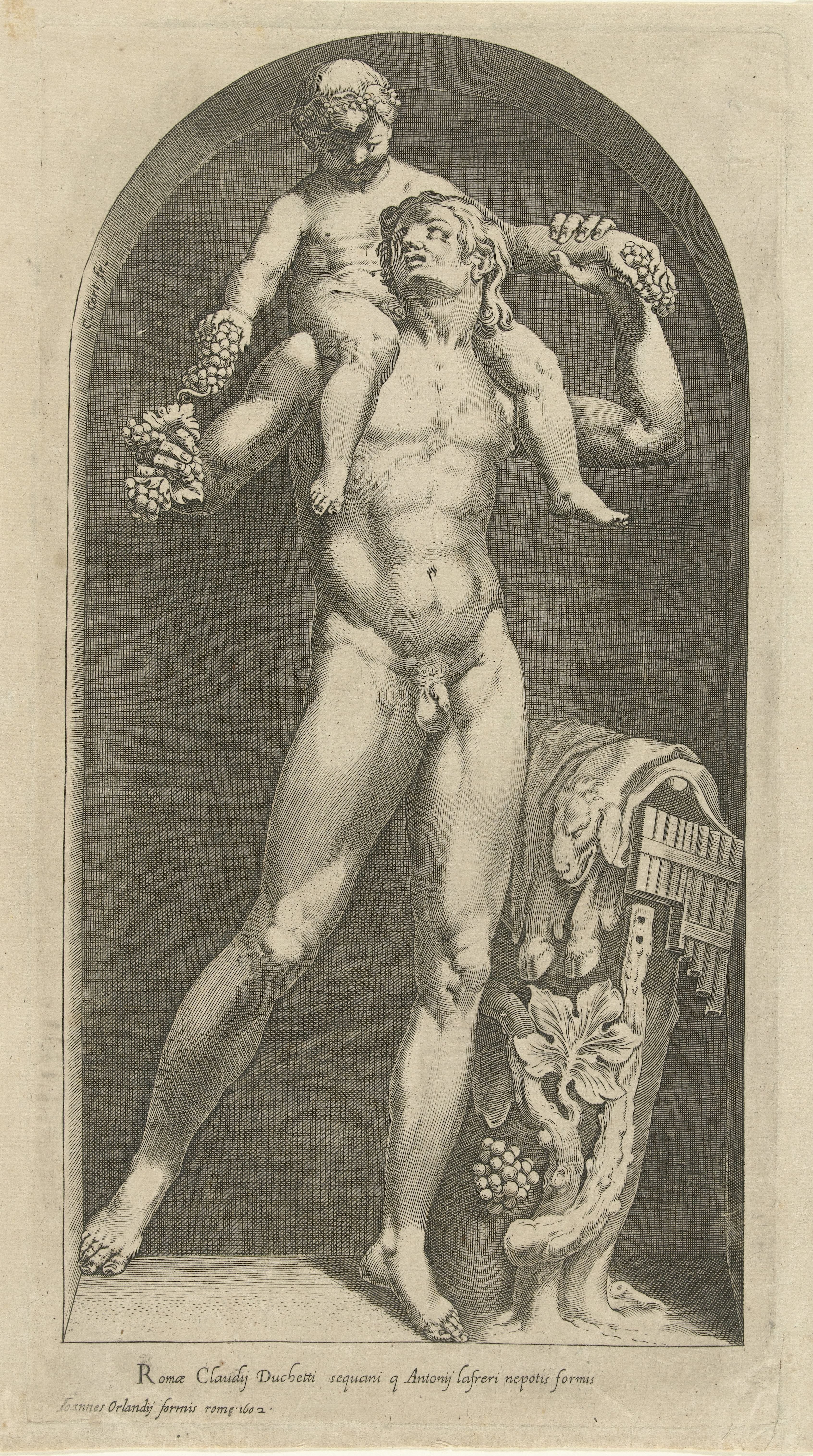 Beeld van een faun met Bacchus op zijn schouders