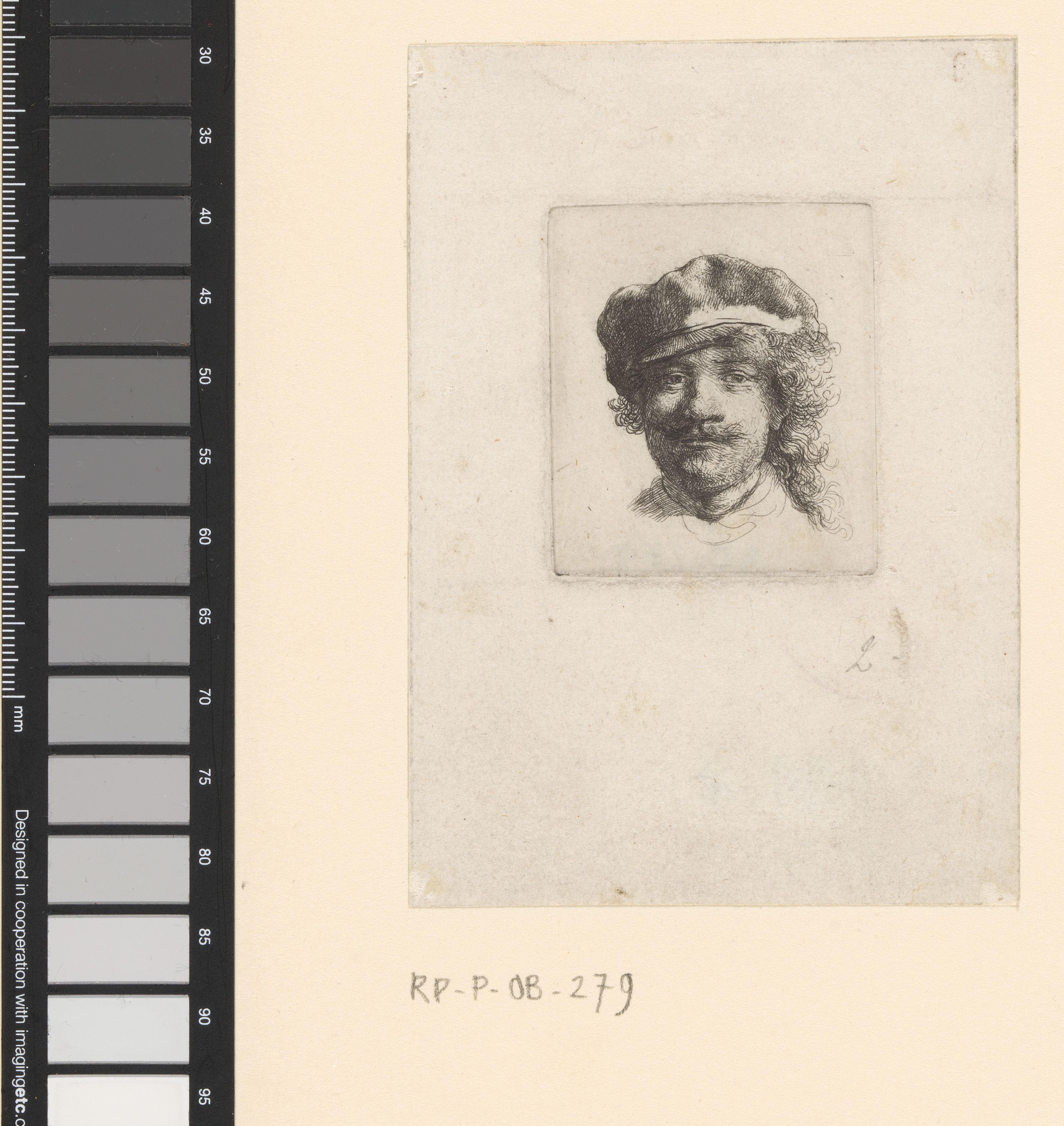 Self-portrait wearing a soft cap: full face, head only