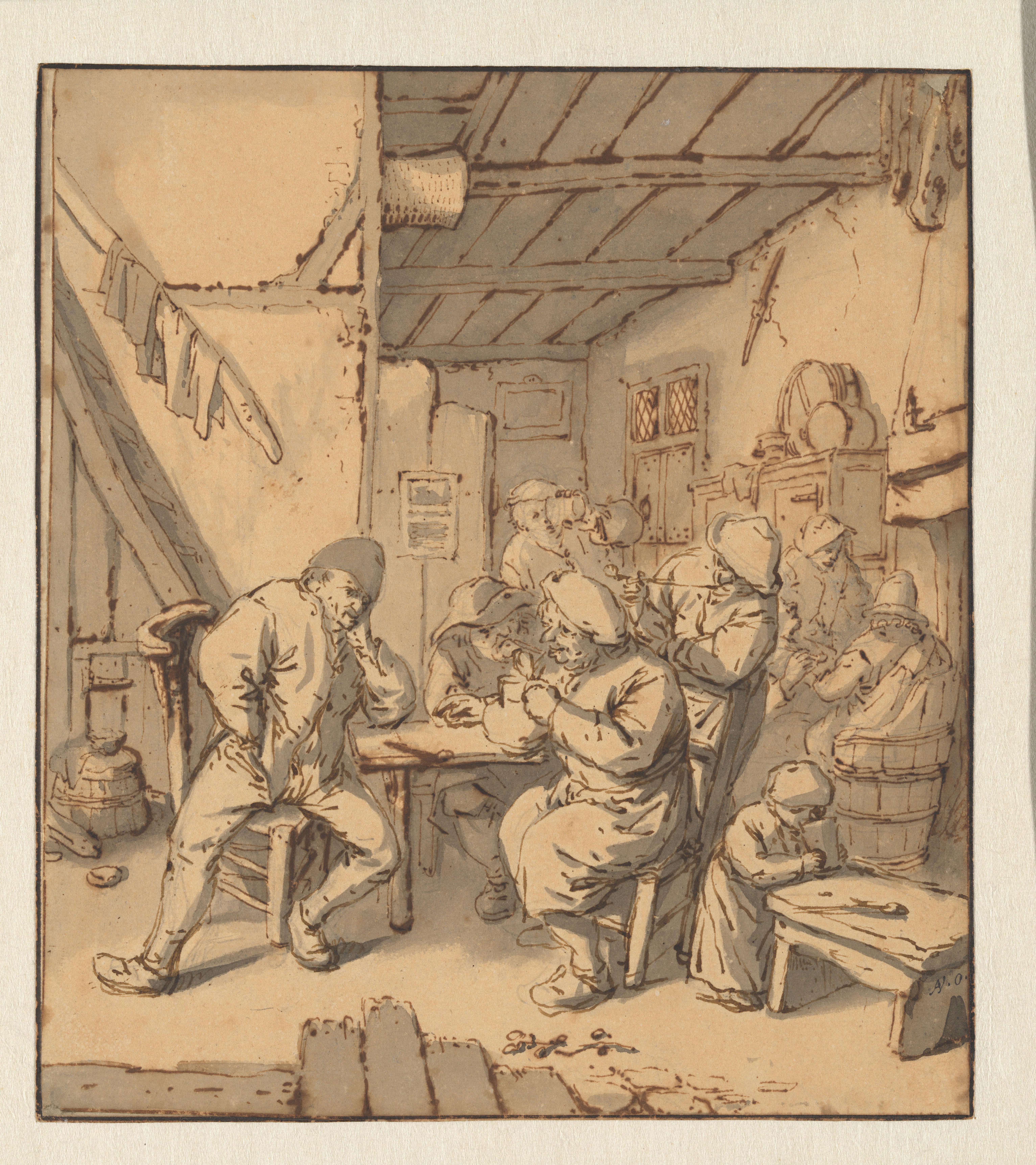Interieur van een boerenherberg met rokende en drinkende figuren
