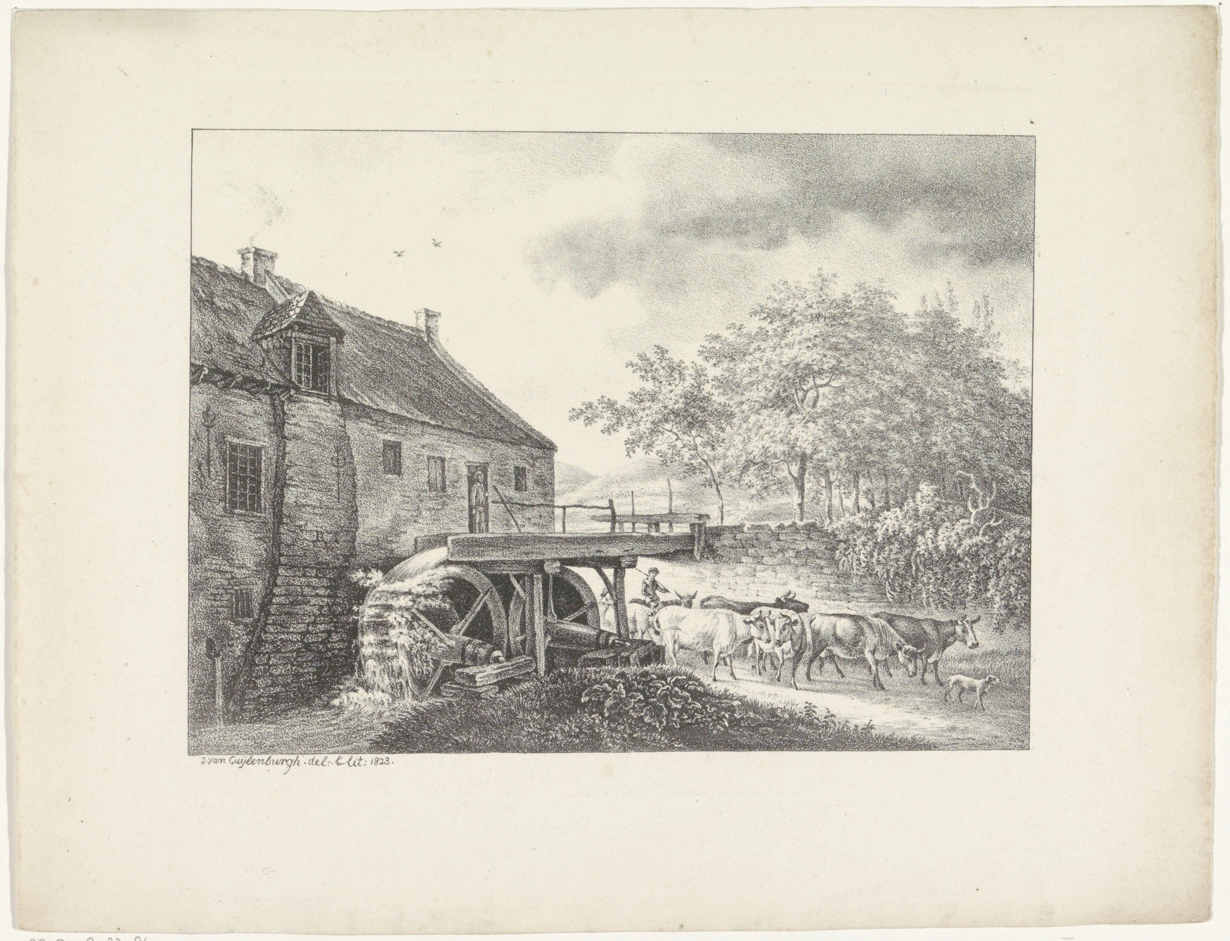 Landschap met watermolen en koeien