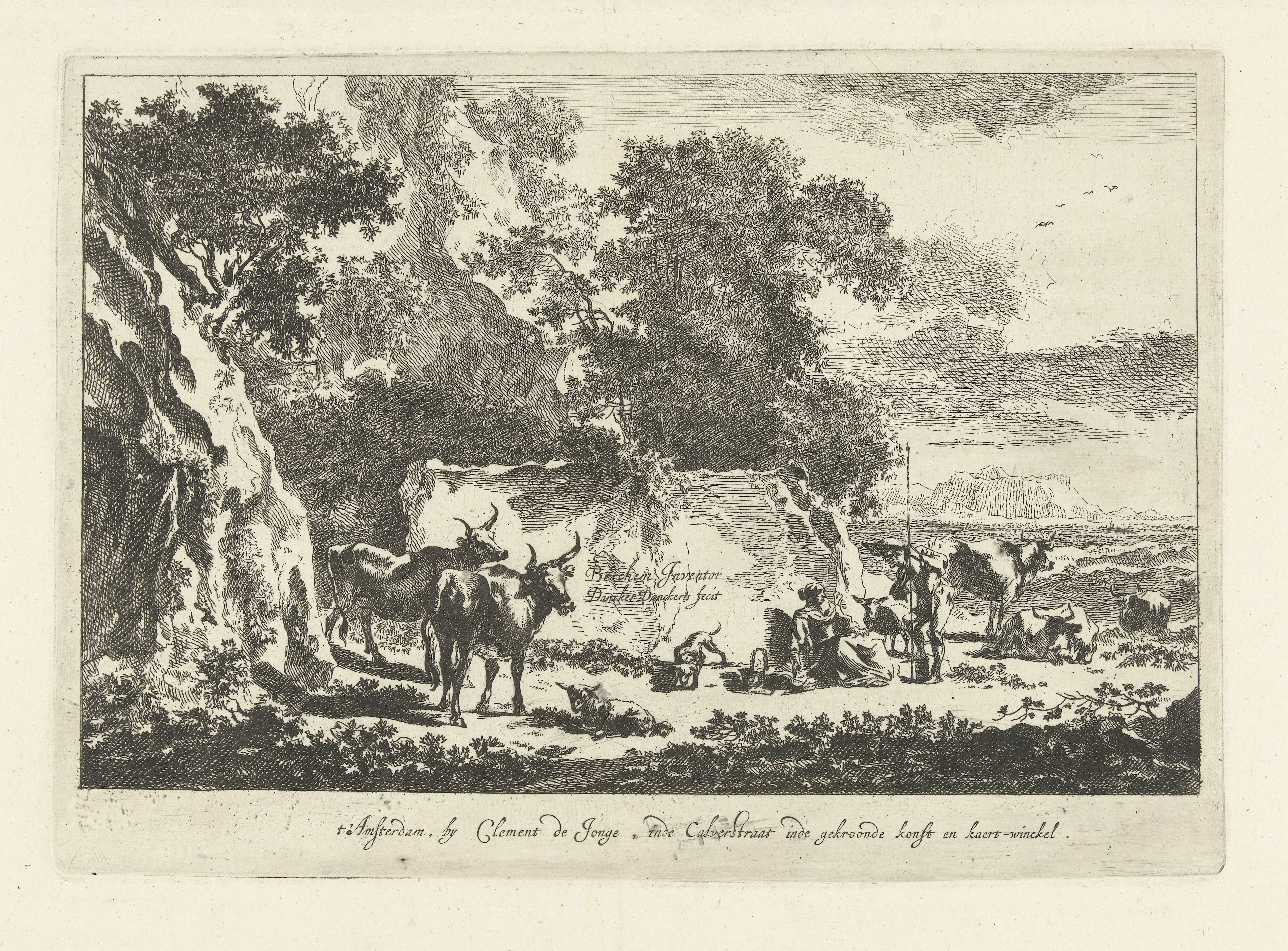 Italiaans landschap met herders en vee rustend bij rots