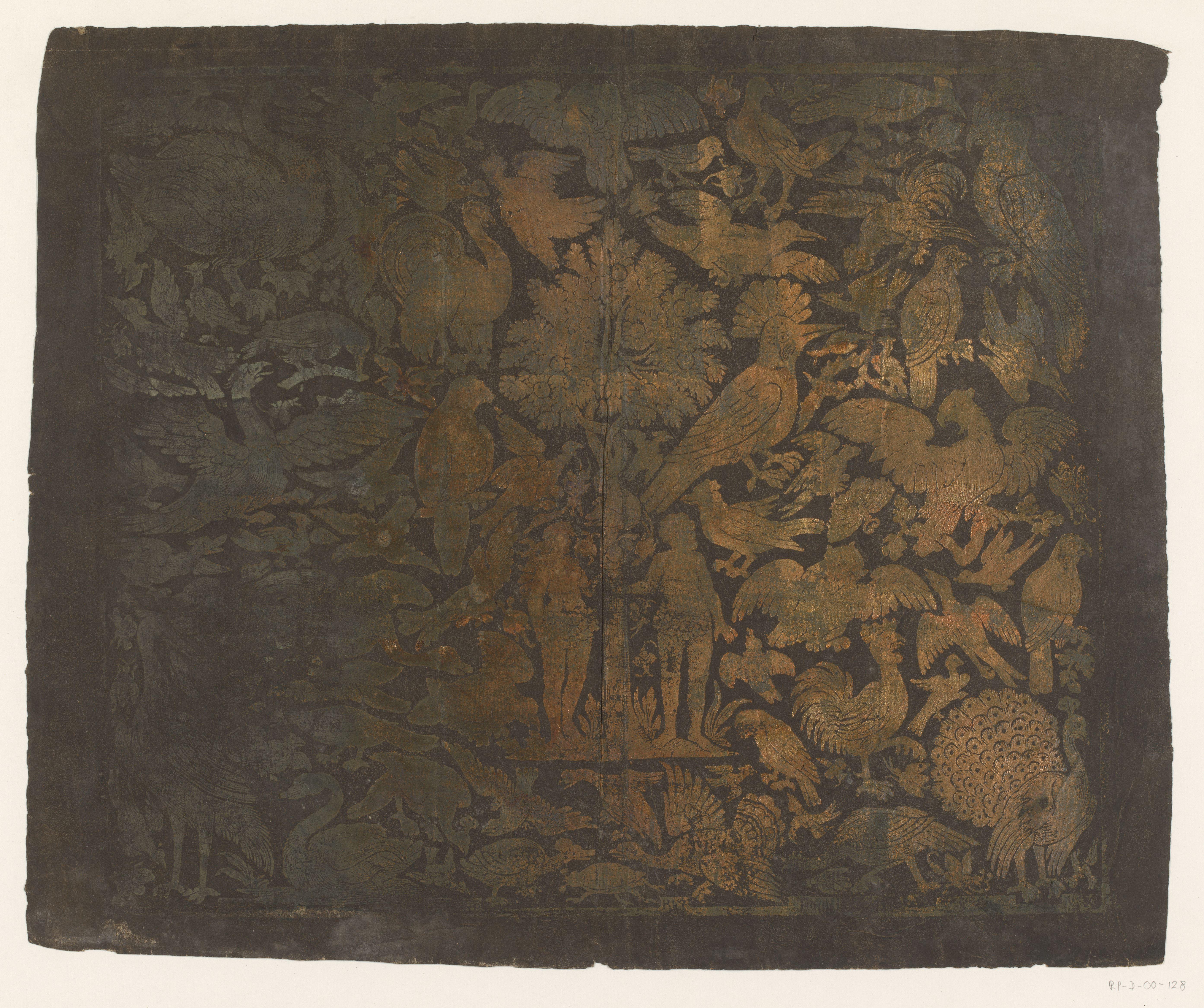 Blad met centraal Adam en Eva onder de appelboom omringd door dieren
