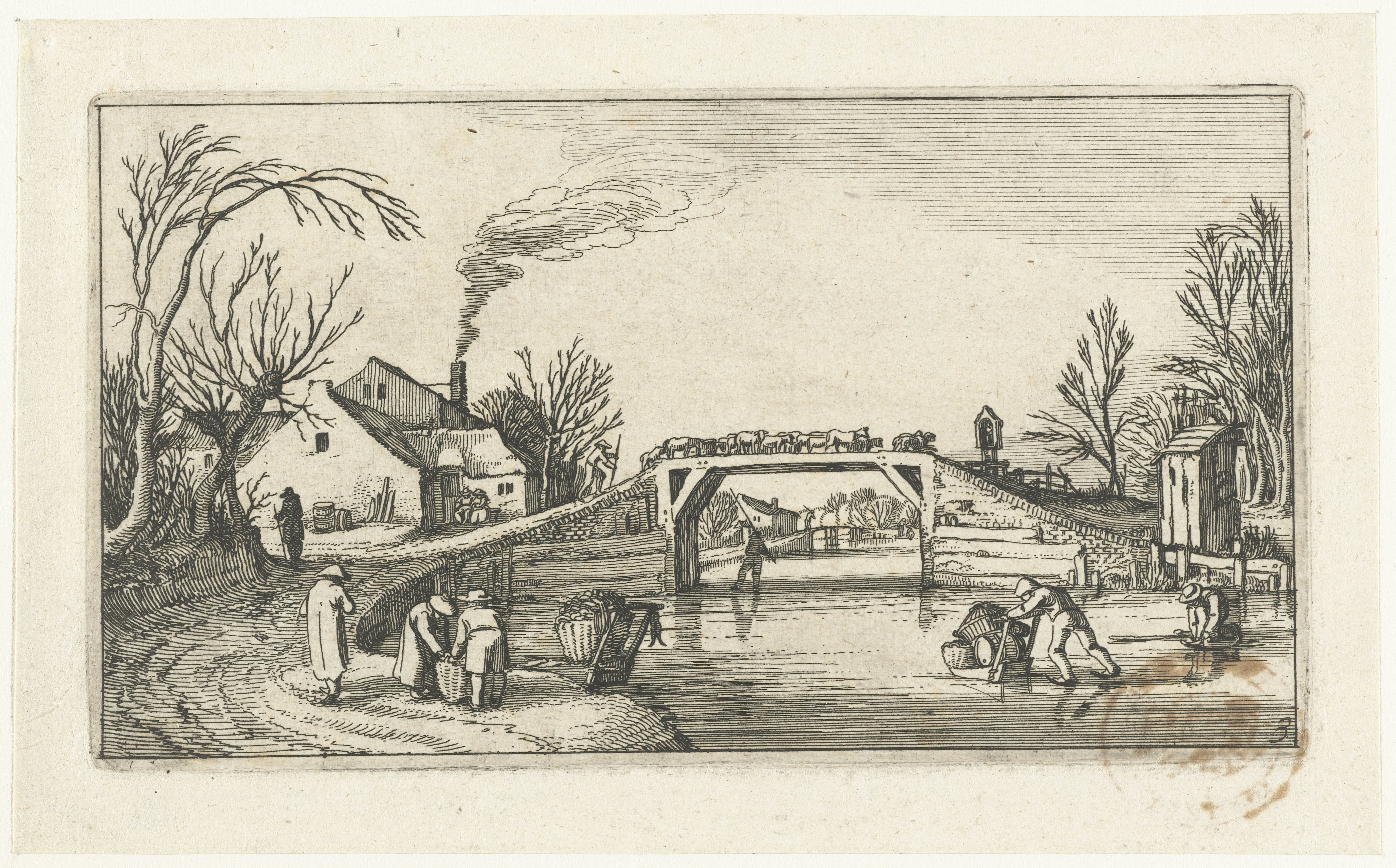 Landschap met schaatsers bij een brug met schapen