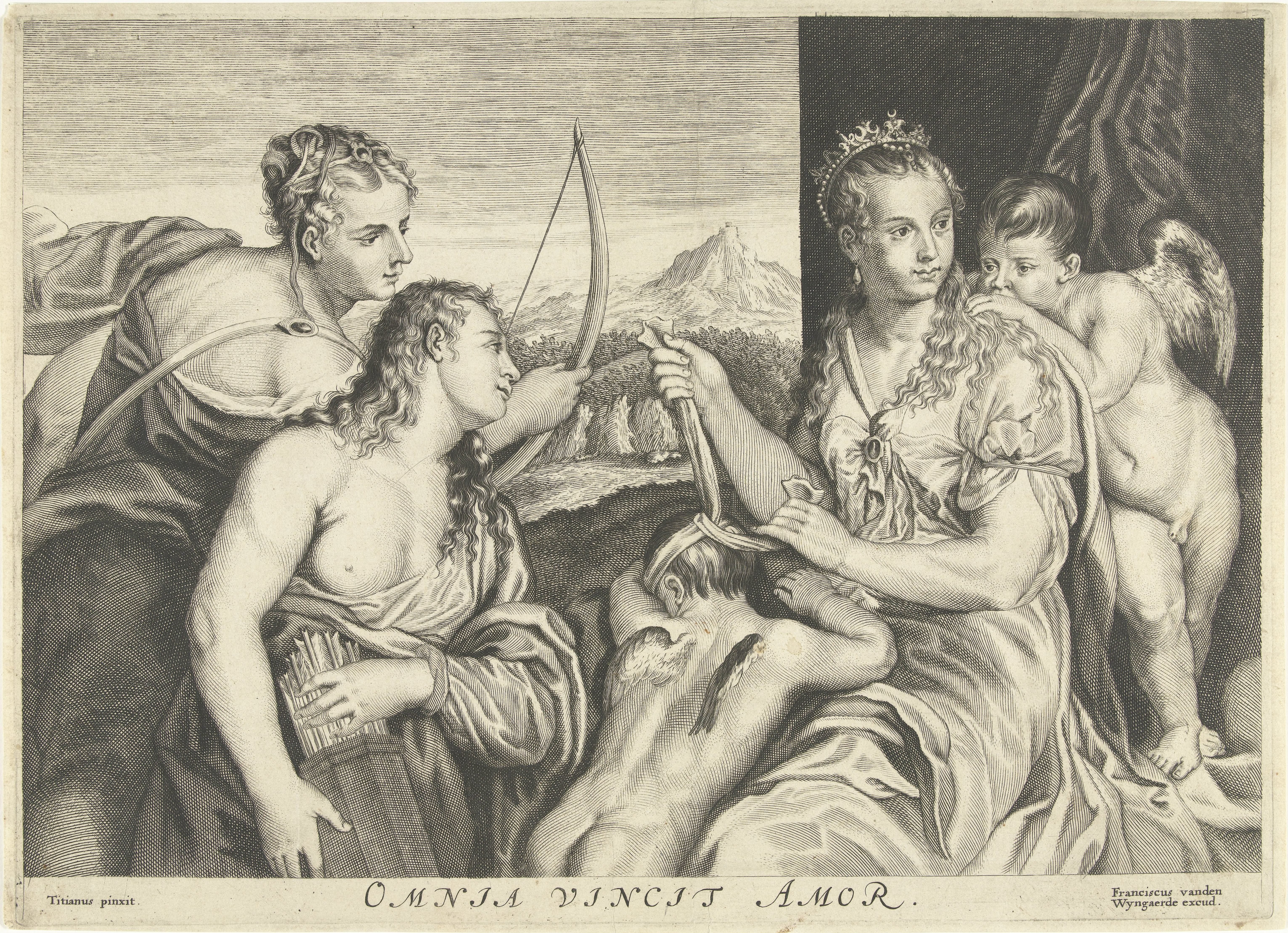 Venus blinddoekt Amor en twee nimfen dragen pijlen en boog, allegorie op de liefde die alles overwint