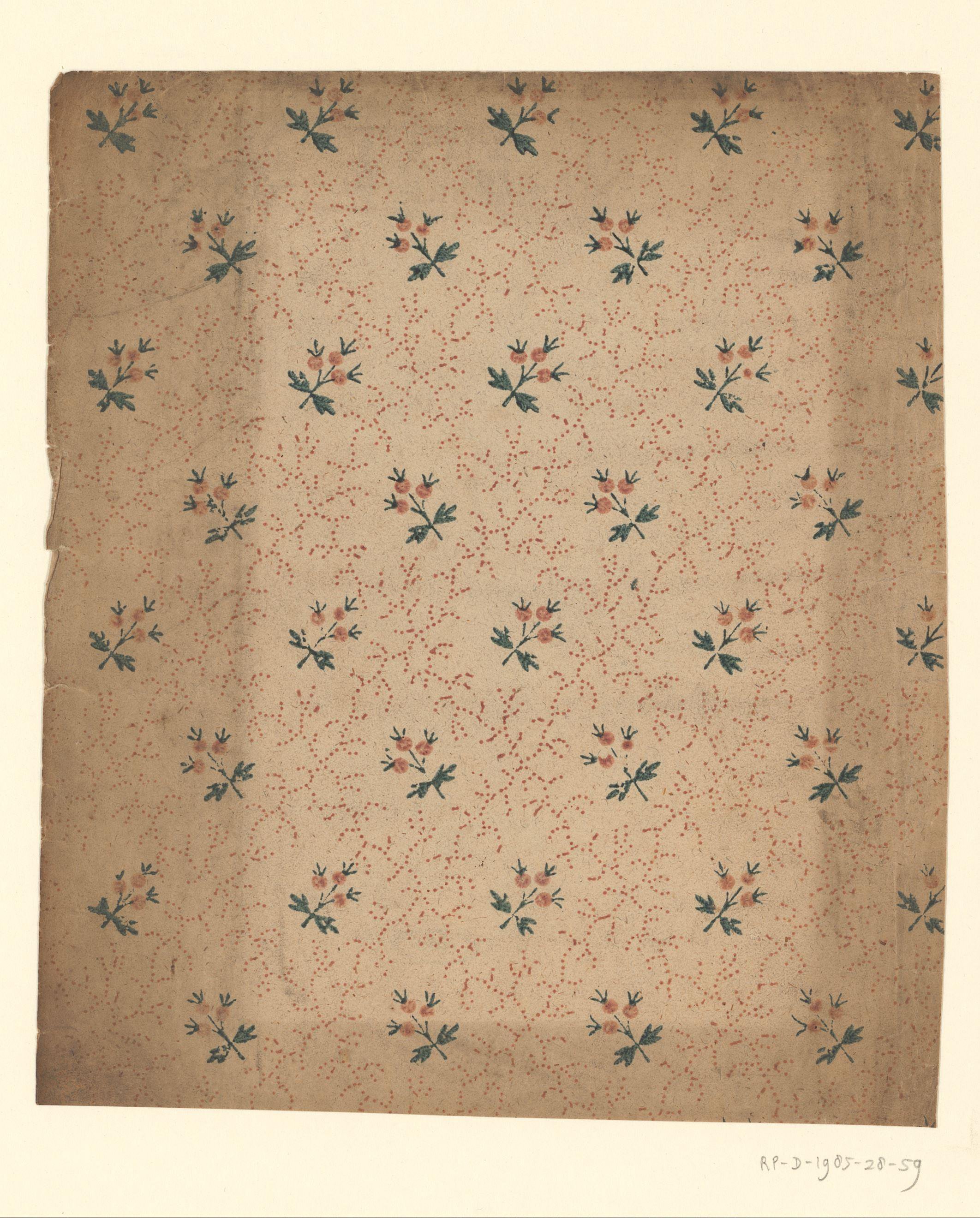 Blad met strooipatroon van bloemtakje tussen stippenranken