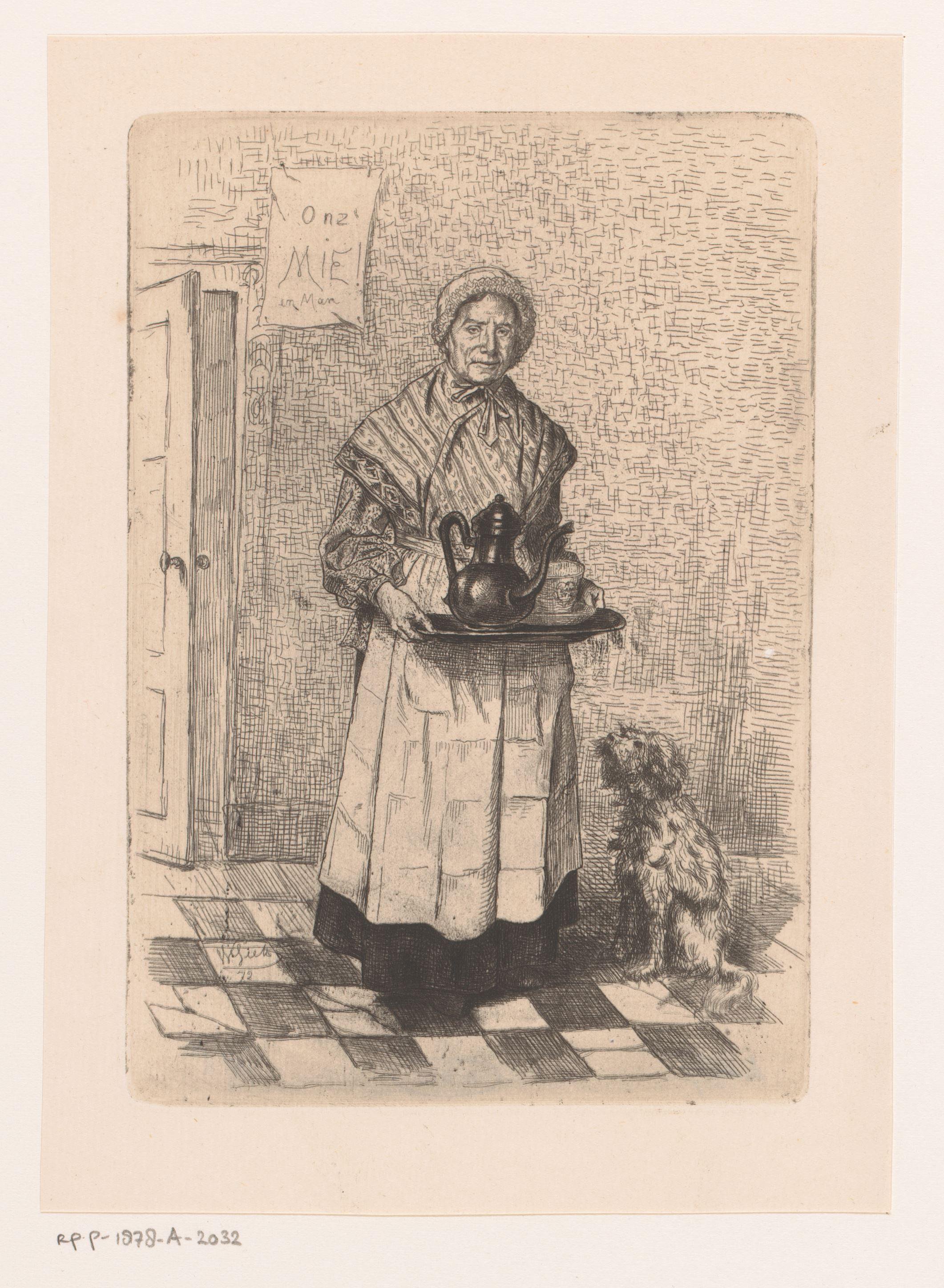 Oude vrouw met dienblad
