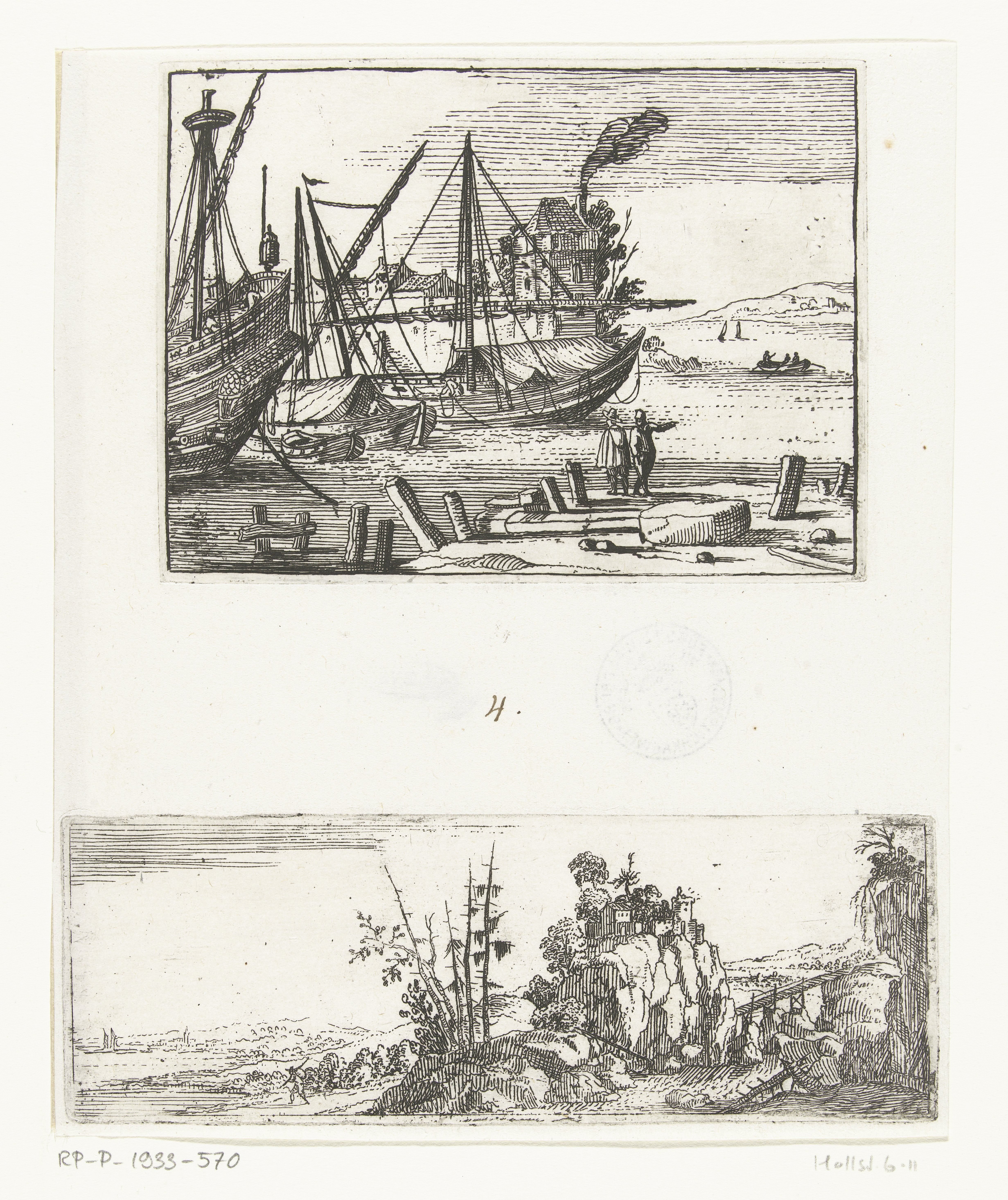 Havengezicht en Rotsachtig landschap met wandelaar