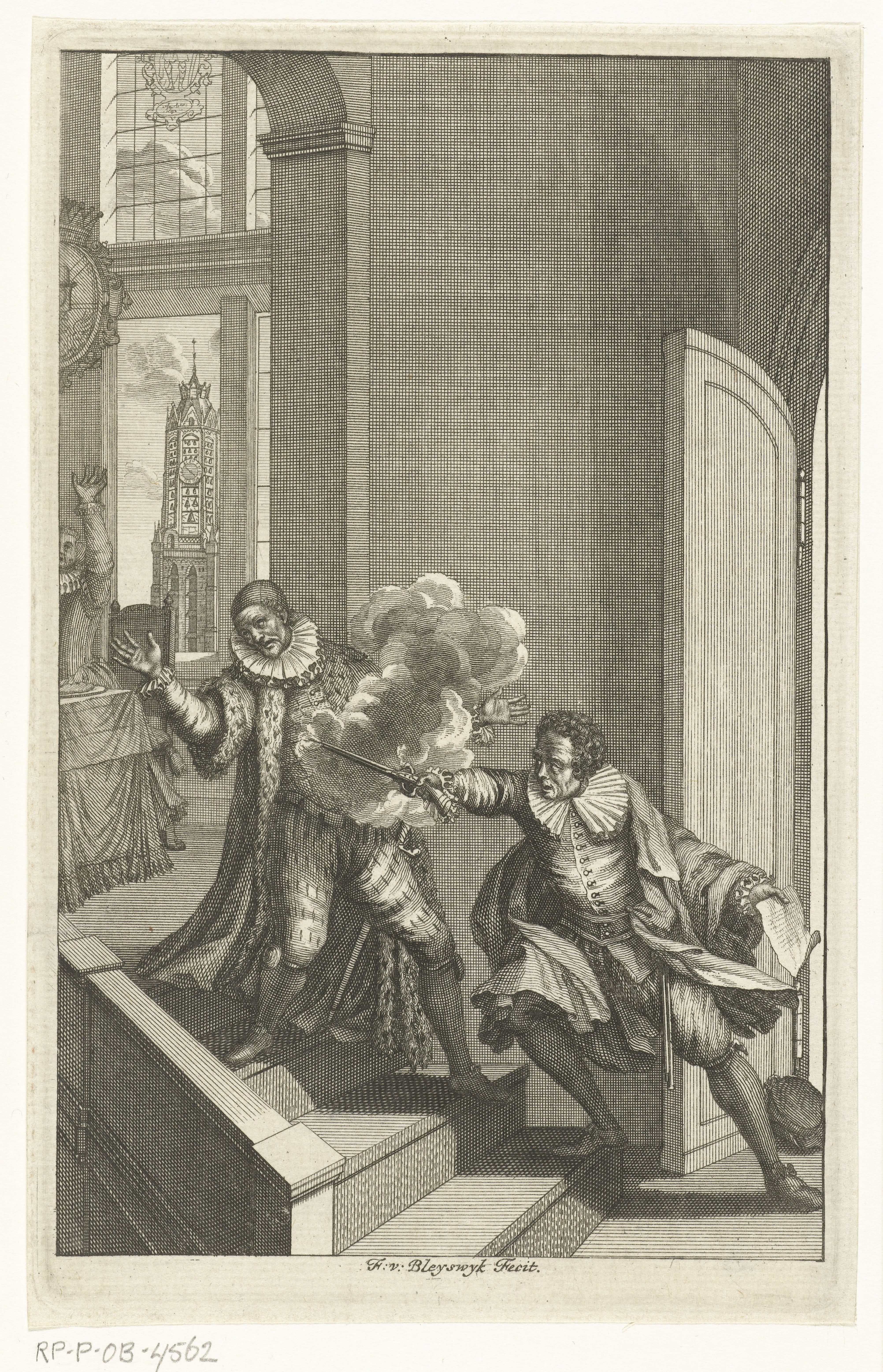 Balthasar Gerards doodt Willem I prins van Oranje met pistoolschoten op de trap van het Prinsenhof te Delft