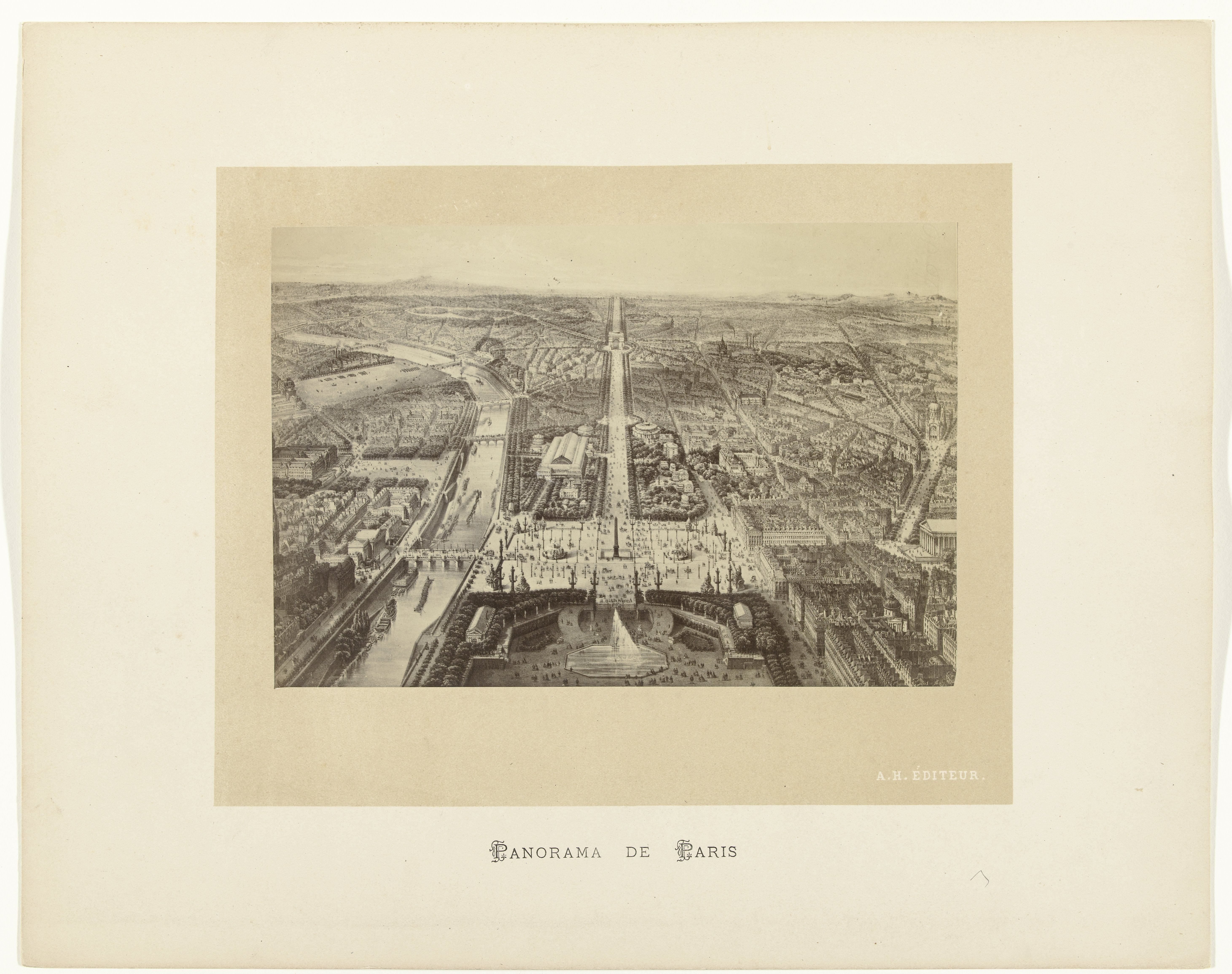 Fotoreproductie van een prent met een panorama van Parijs