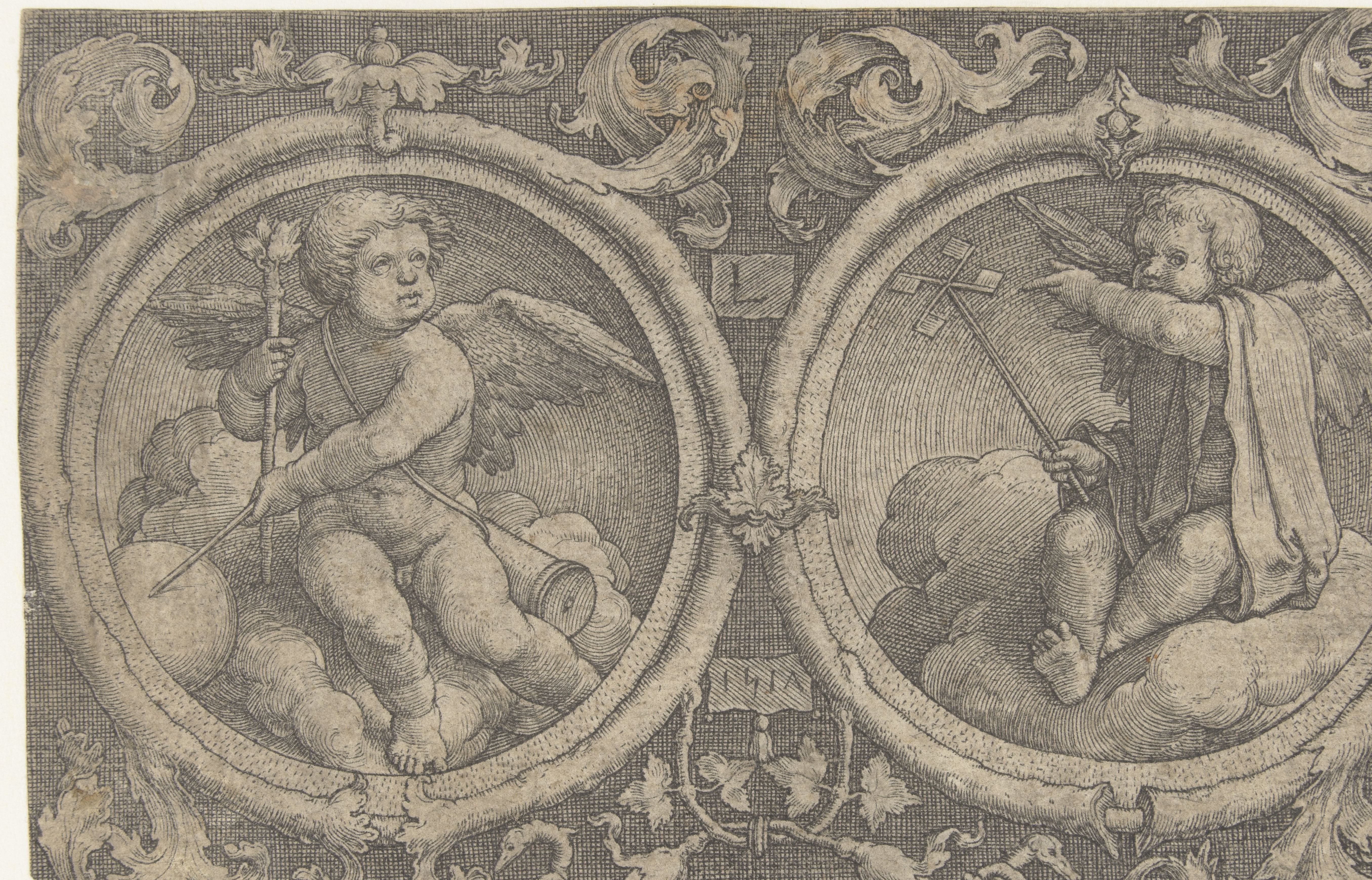 Twee medaillons met putti op wolken