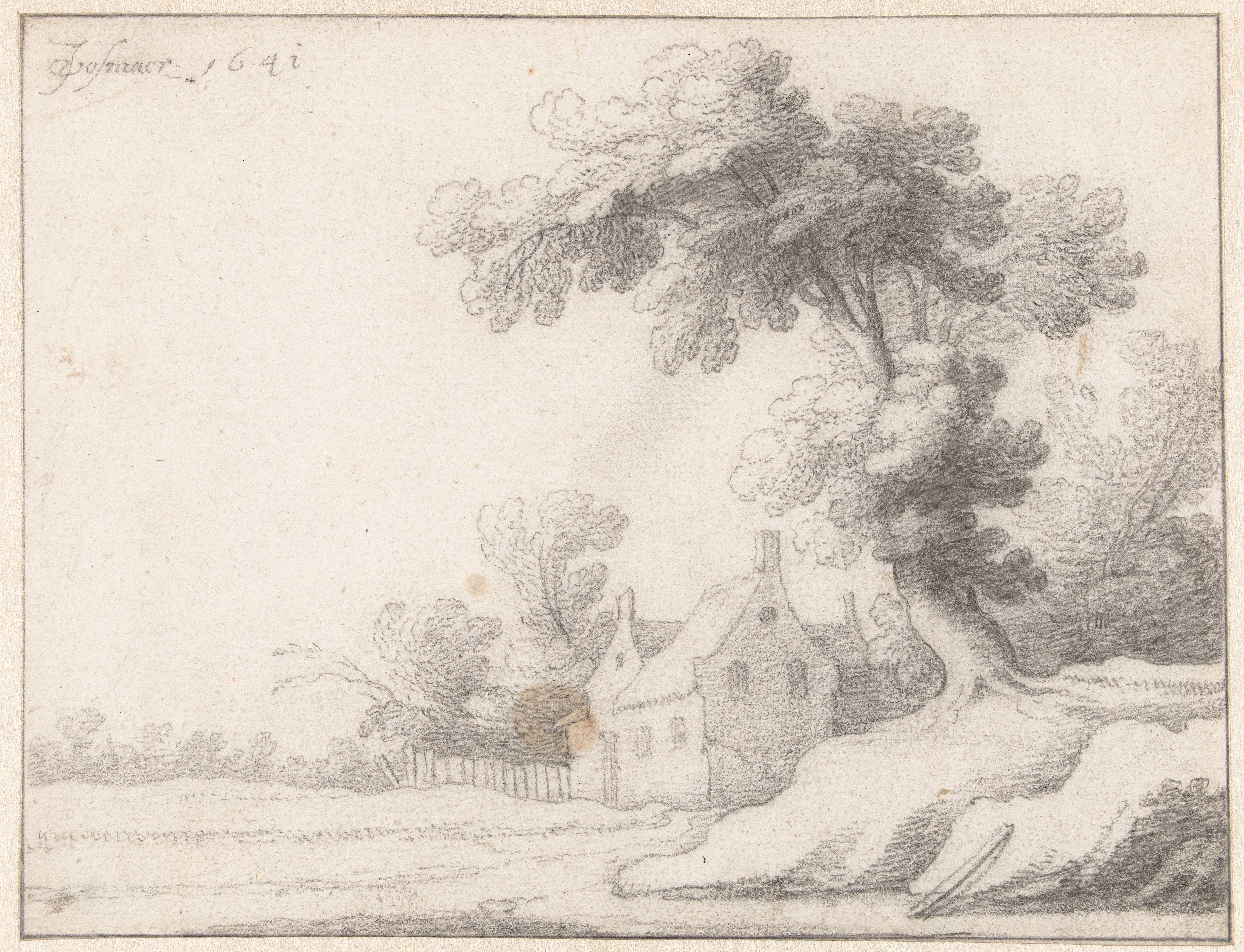 Landschap met een groep huizen aan een bosrand