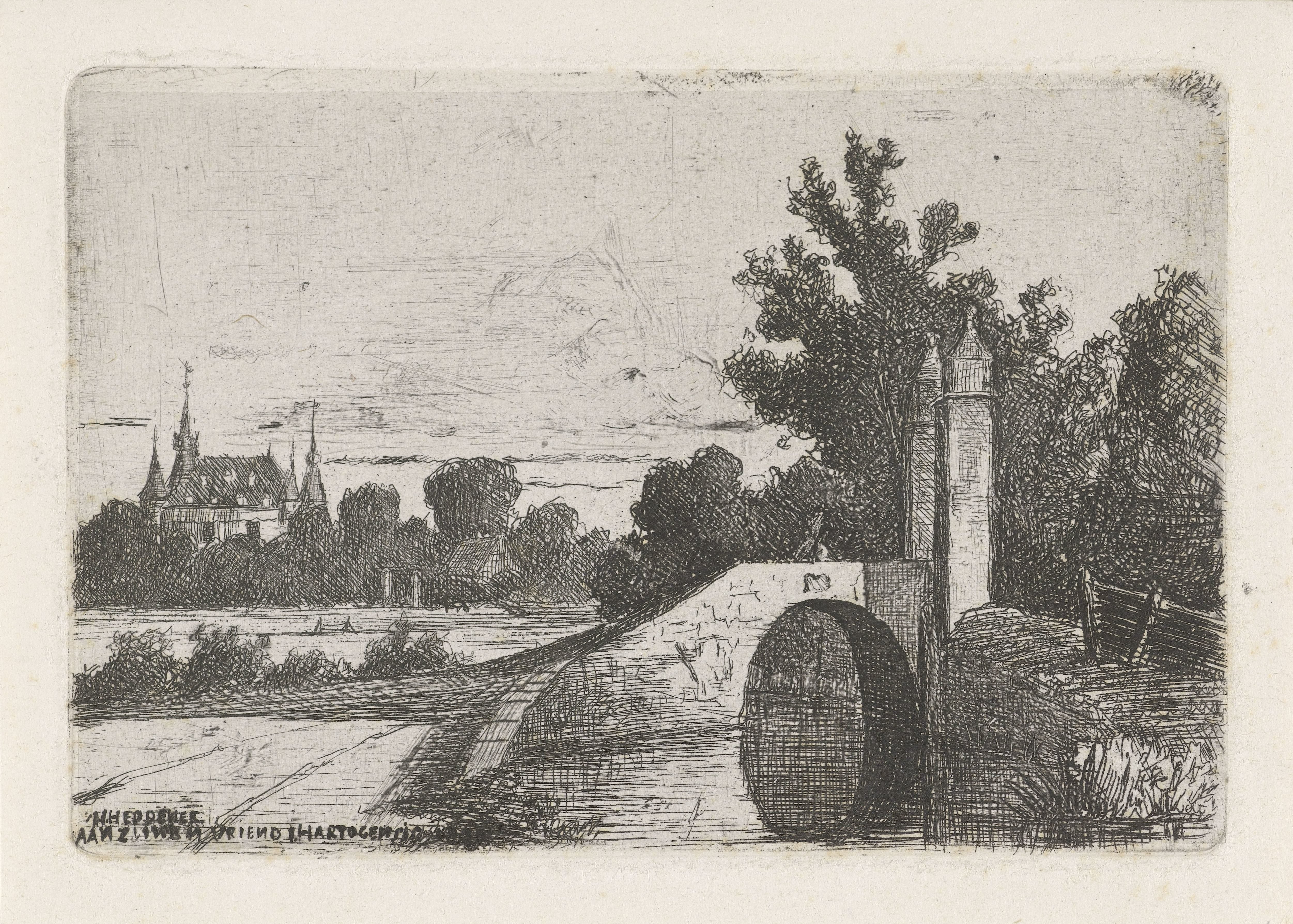 Landschap met stenen brug en kasteel