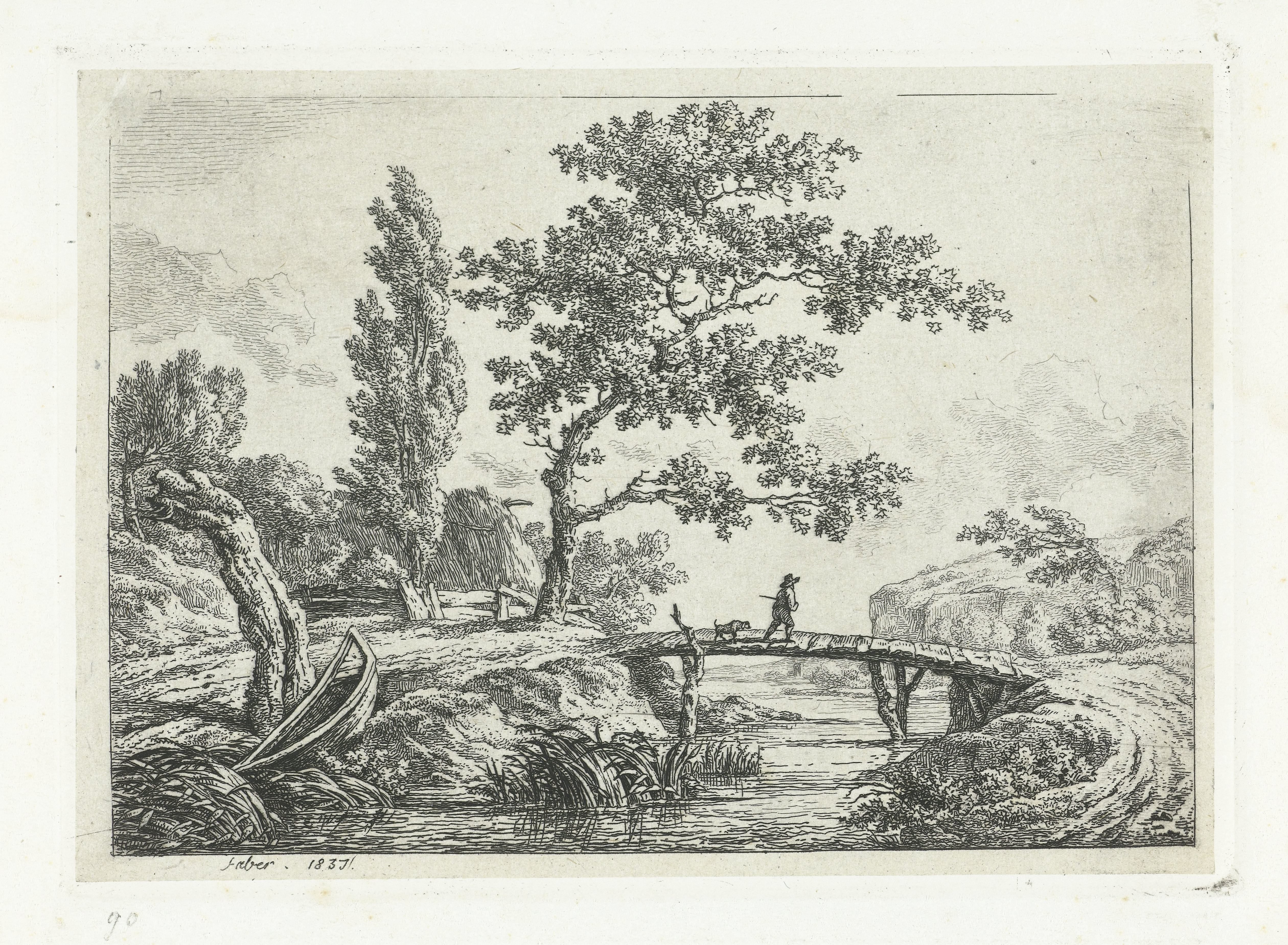 Landschap met man en hond op brug