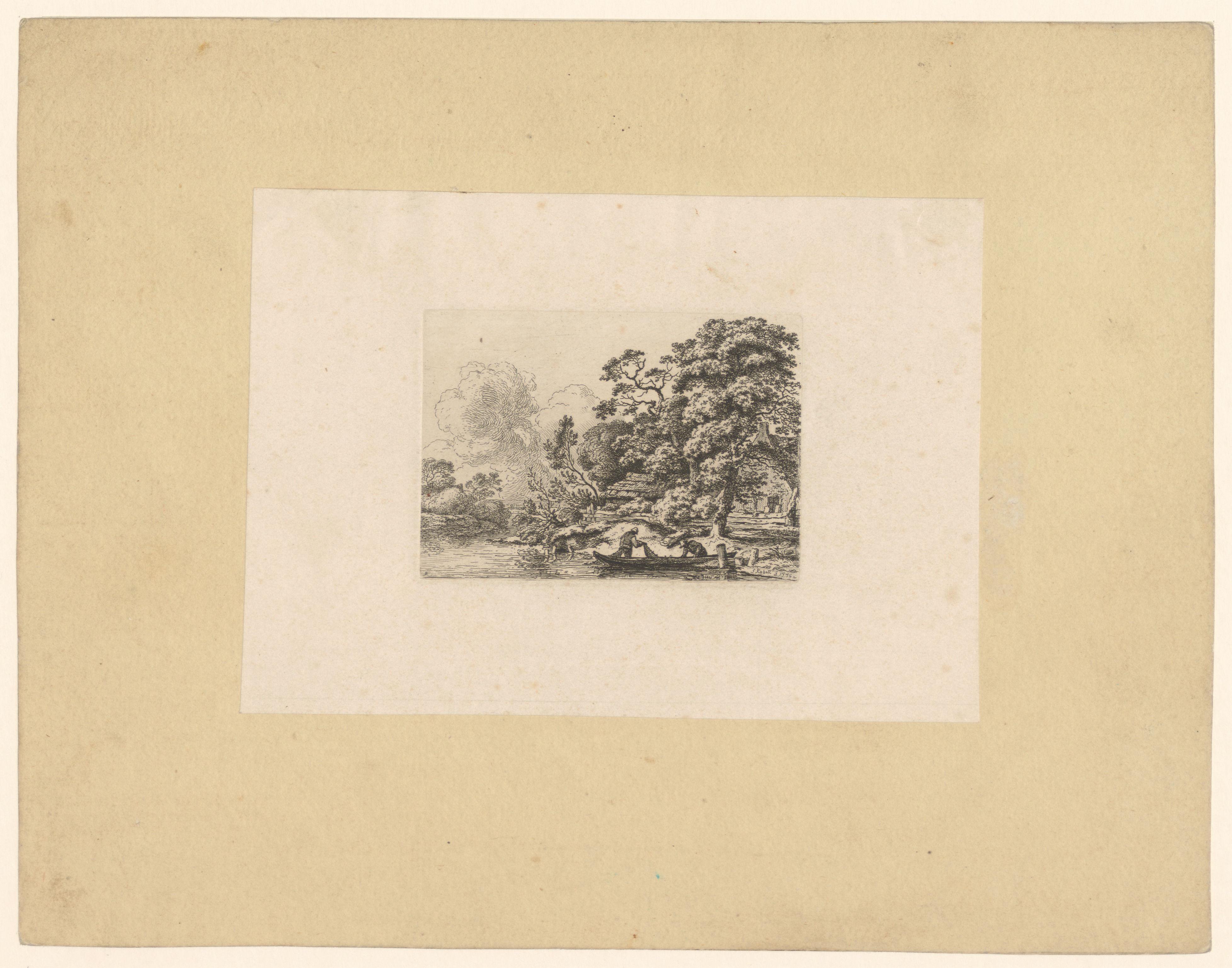 Landschap met vissers bij de oever van een rivier