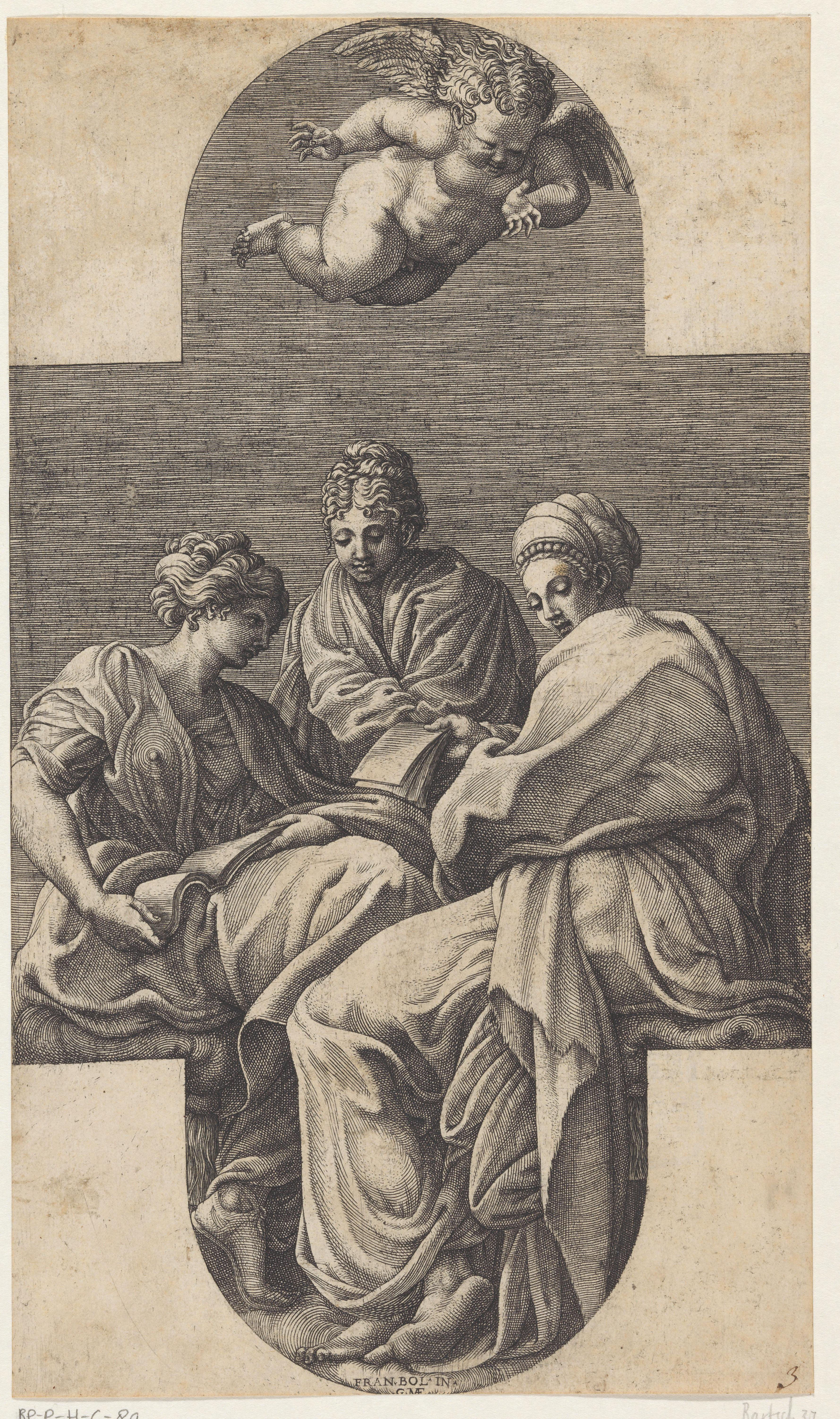 Drie Muzen en een gebarende putto