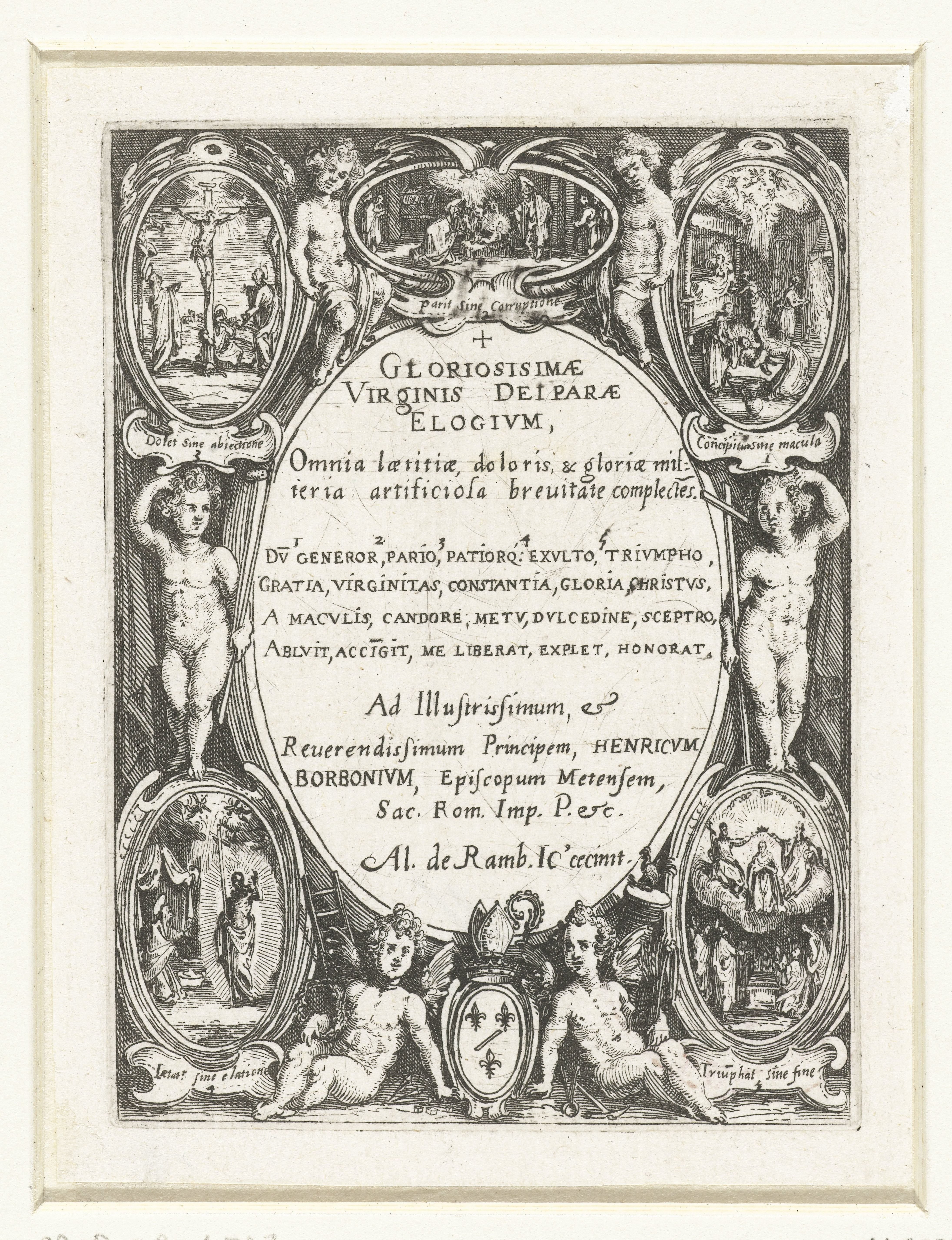Cartouche met tekst omringd door putti en scènes uit het leven van Maria