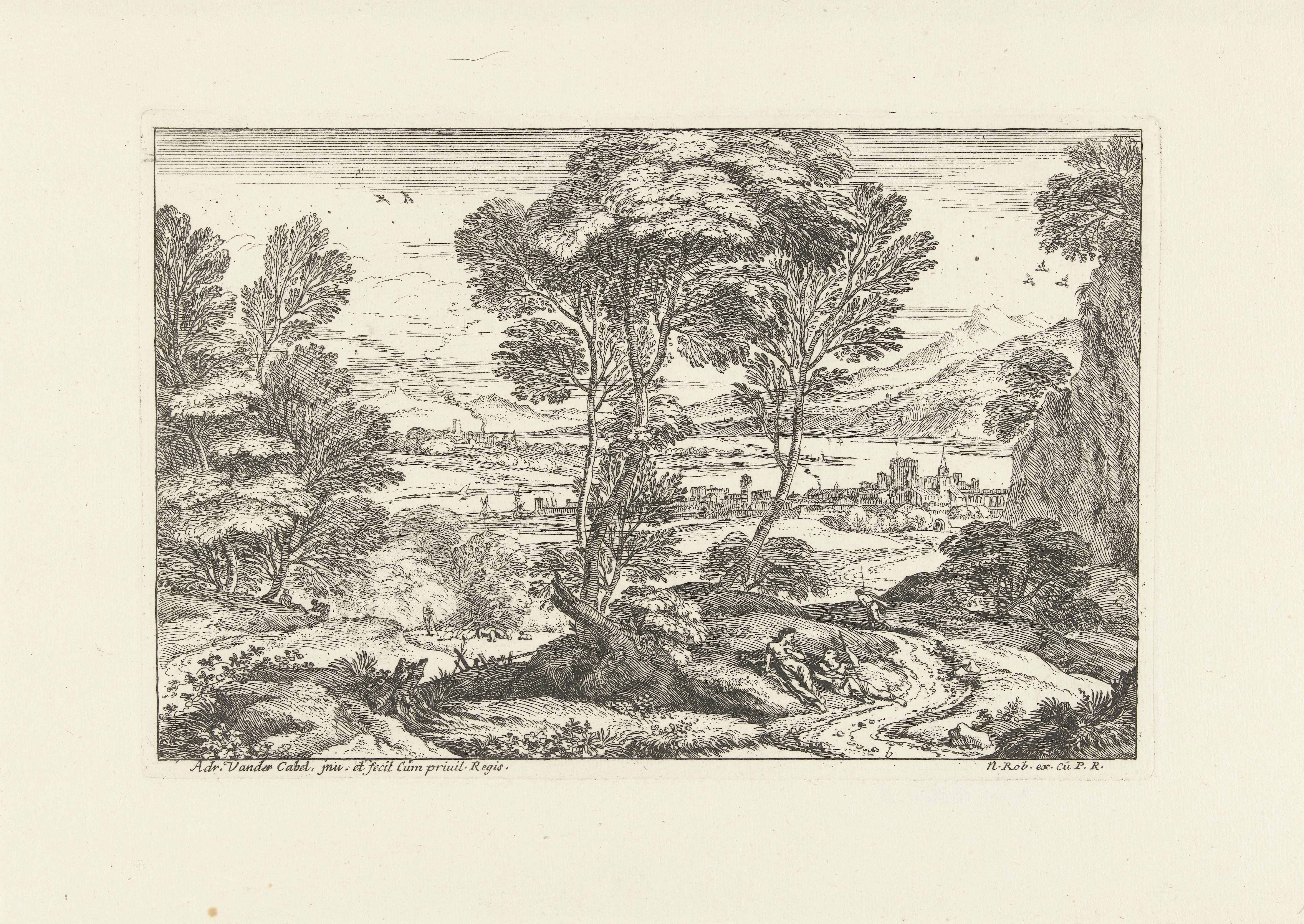 Landschap met rustend stel langs pad