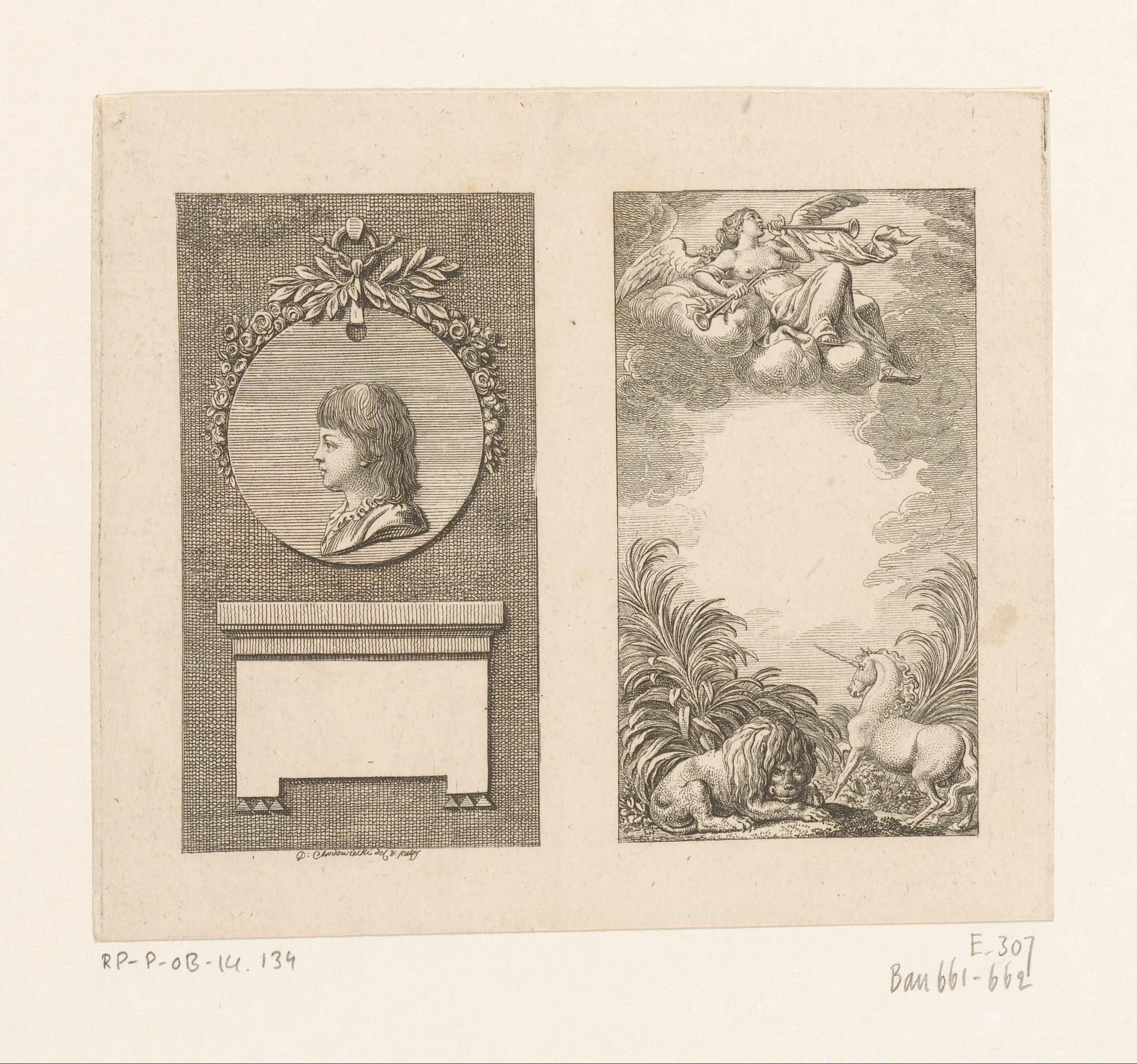 Portret van Ernst August van Hannover en Fama met een eenhoorn en een leeuw