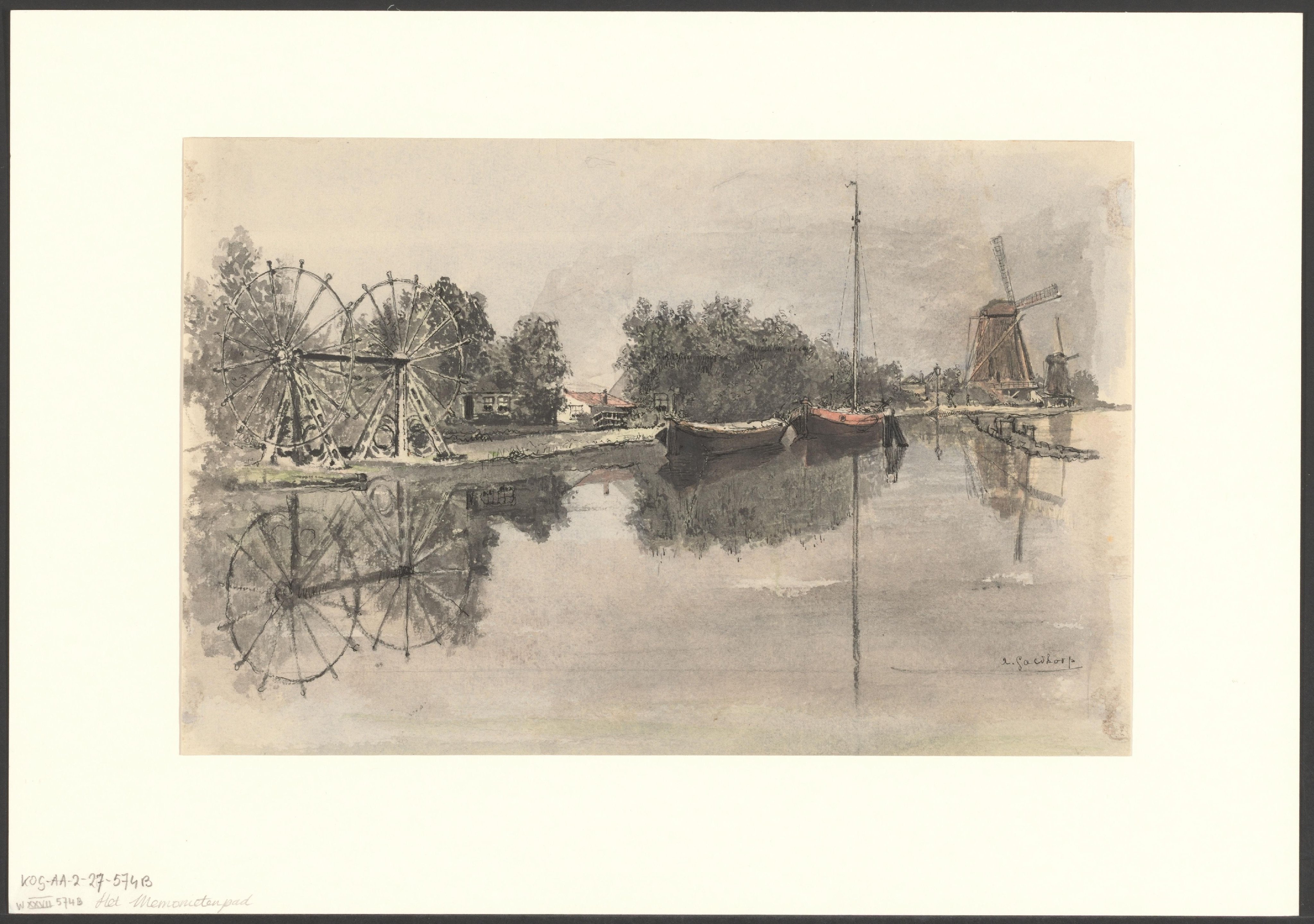 Gezicht op de Mennonietensloot en molens De Oranjeboom en De Houthandel