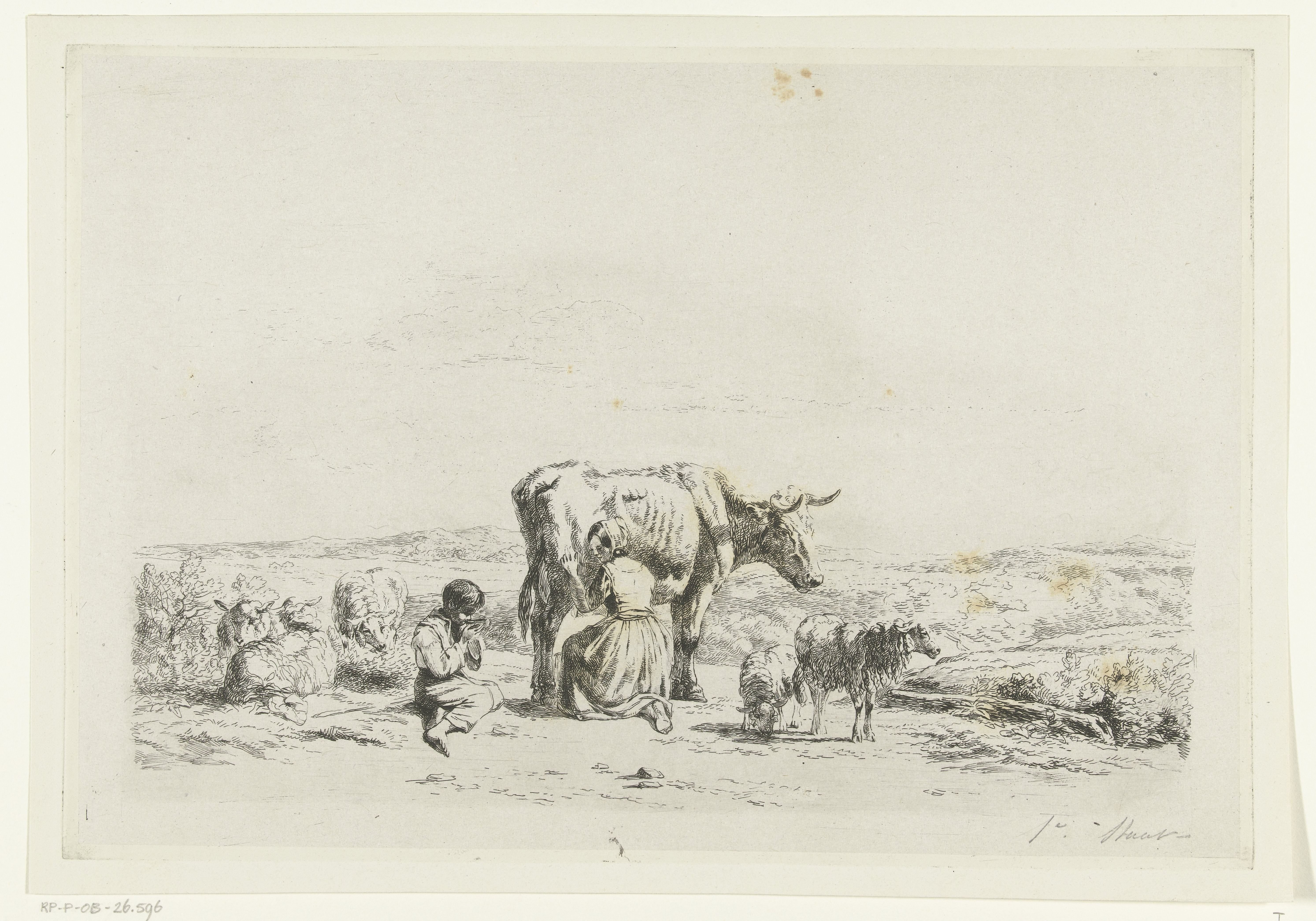 Landschap met vrouw die koe melkt en jongen met schapen