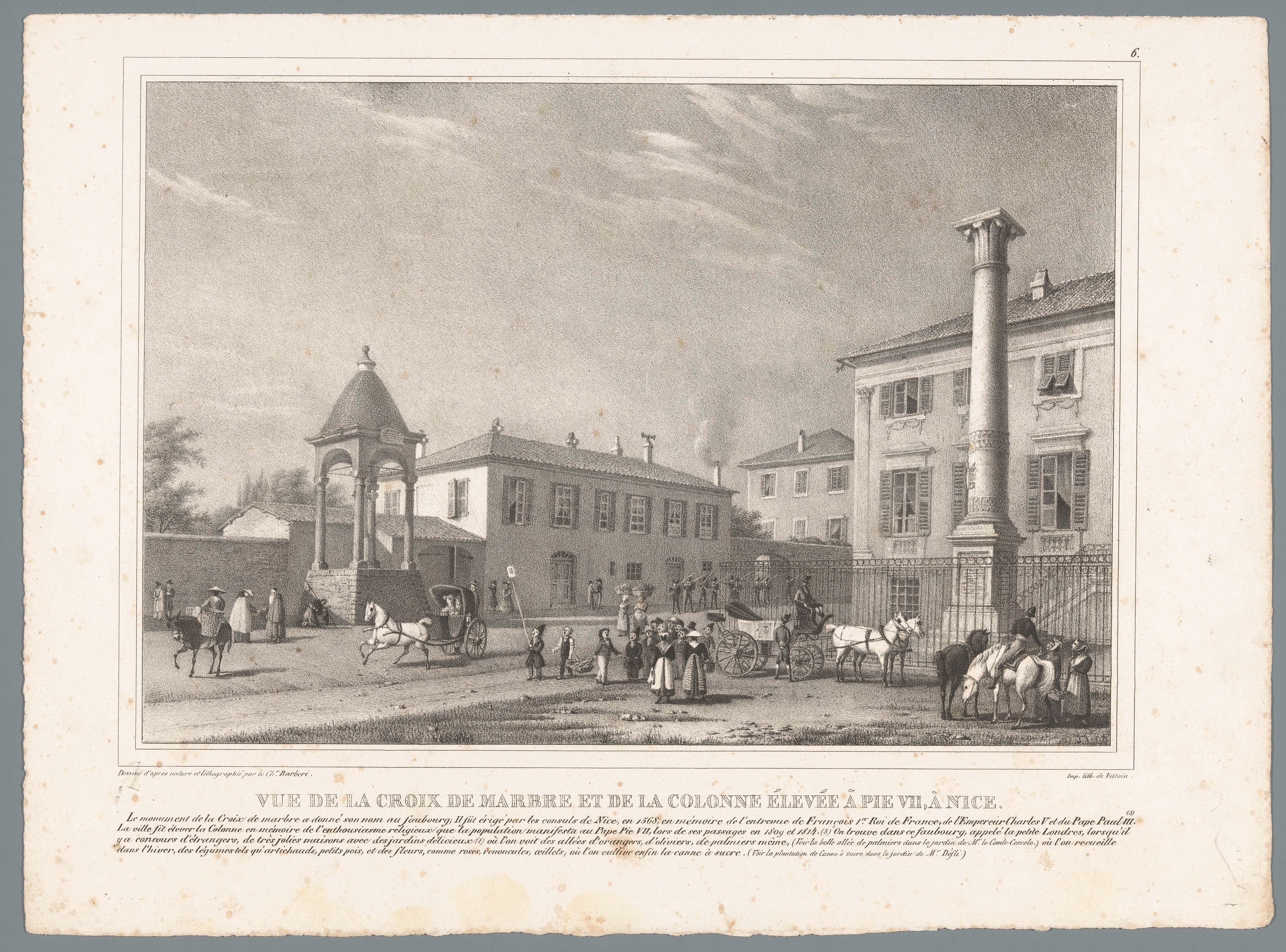Zicht op het marmeren kruis en de zuil van paus Pius VII in Nice