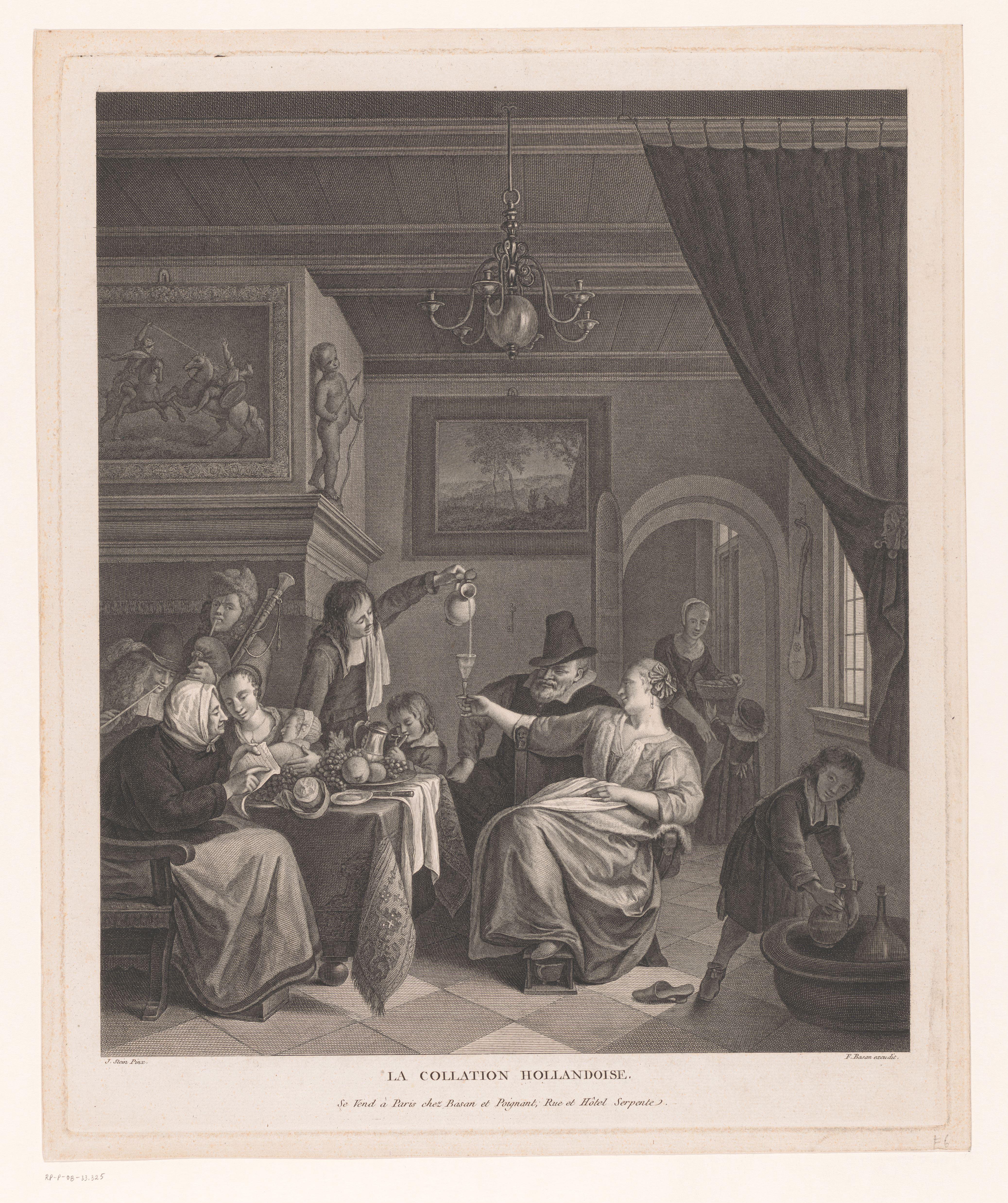 Interieur met figuren rond een tafel