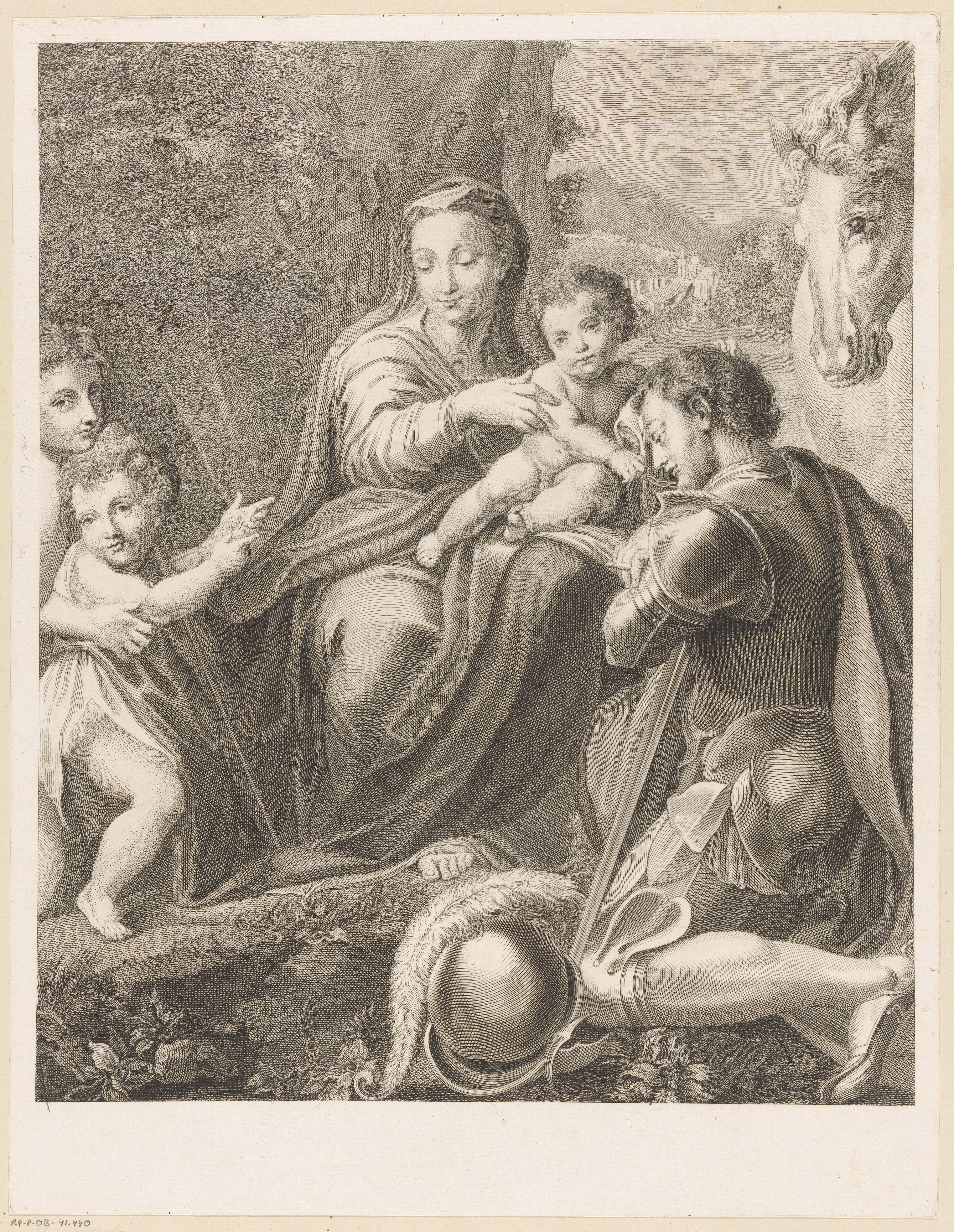 Heilige Joris geknield voor Madonna met kind en Johannes de Doper