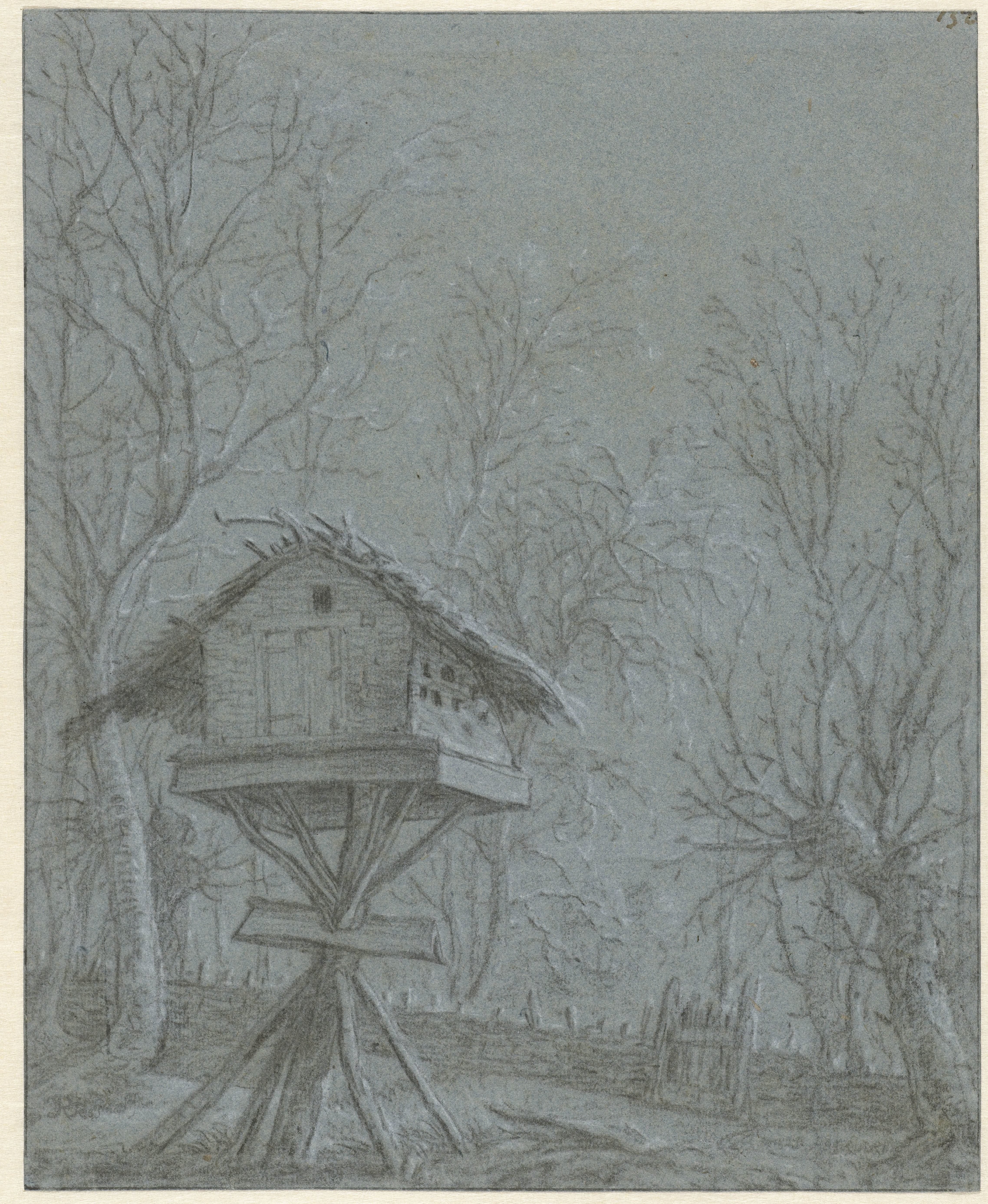 Recto: Dovecote between Trees / Verso: Sketch of a House