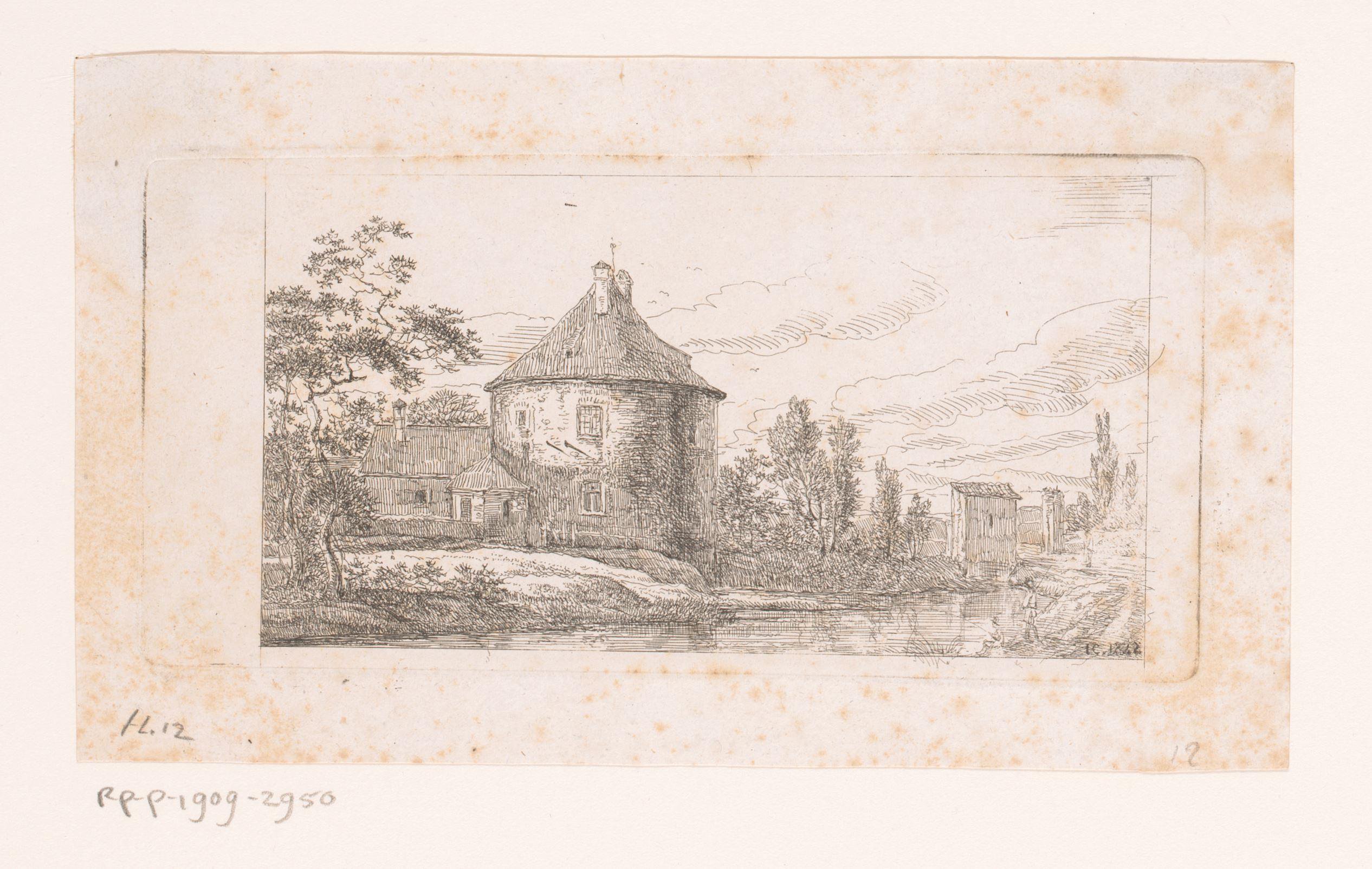 Landschap met rond gebouw aan het water