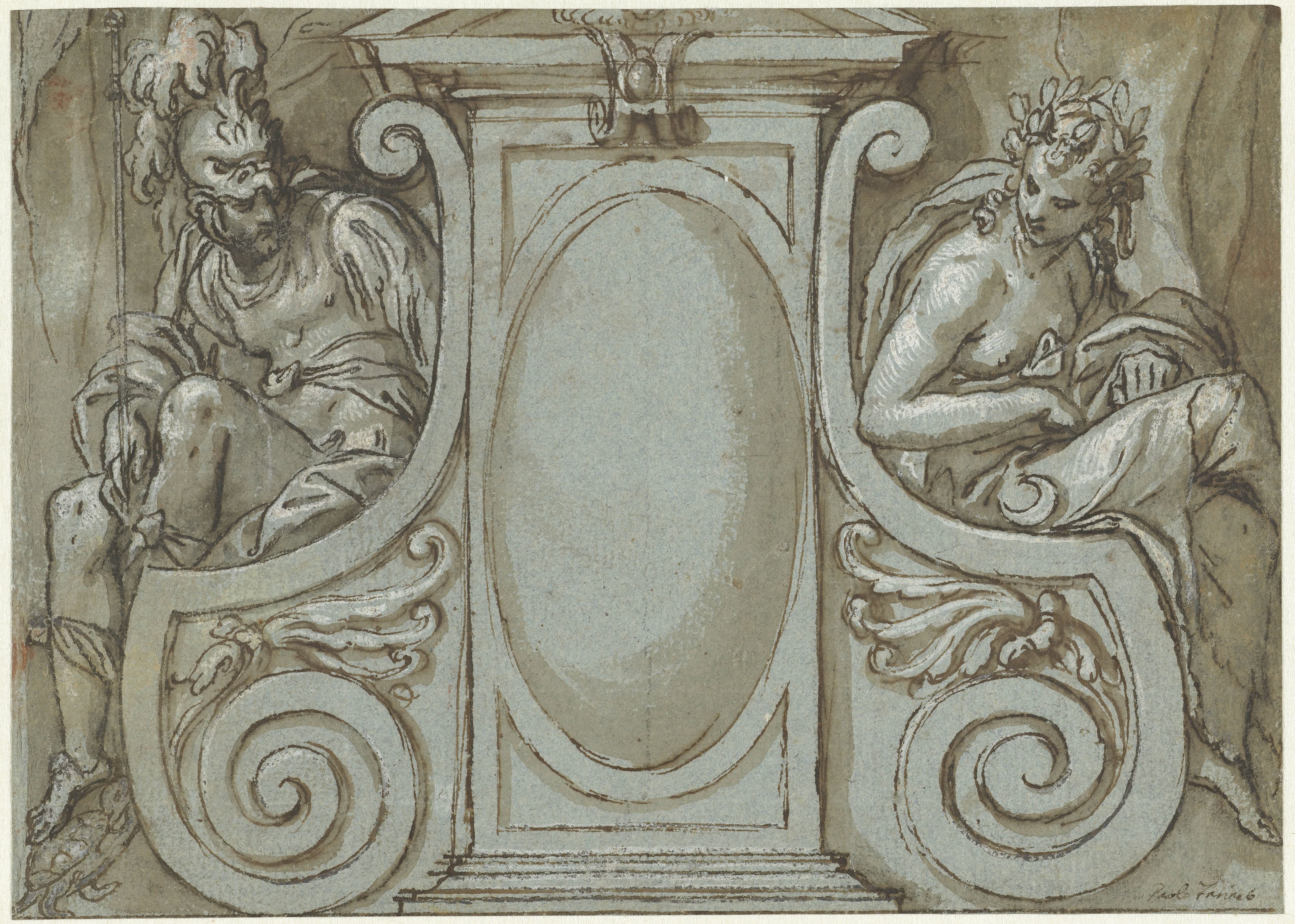 Deurbekroning met de figuren van Oorlog en Vrede