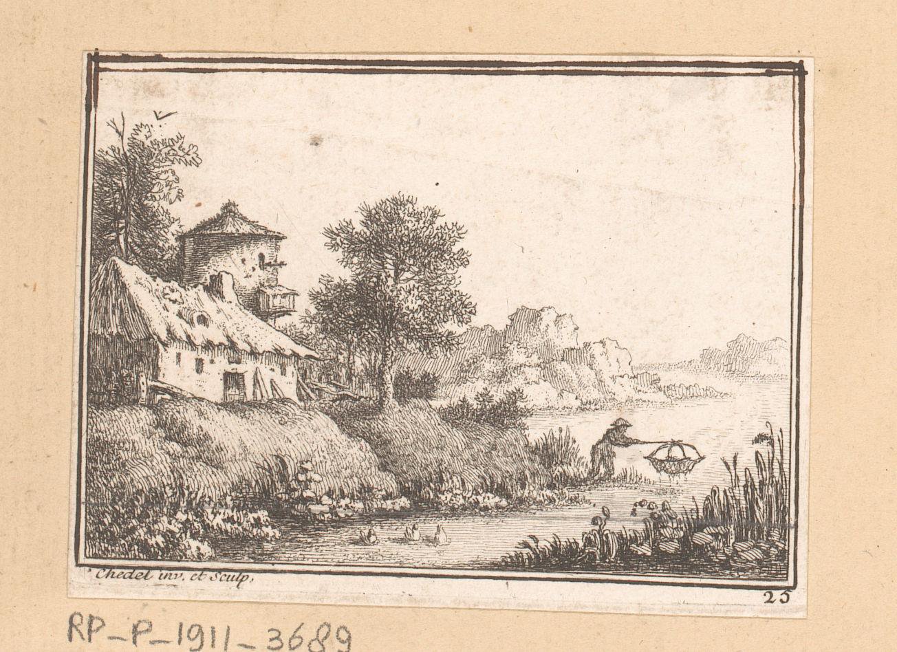 Landschap met een huis aan een rivier en een visser met fuik
