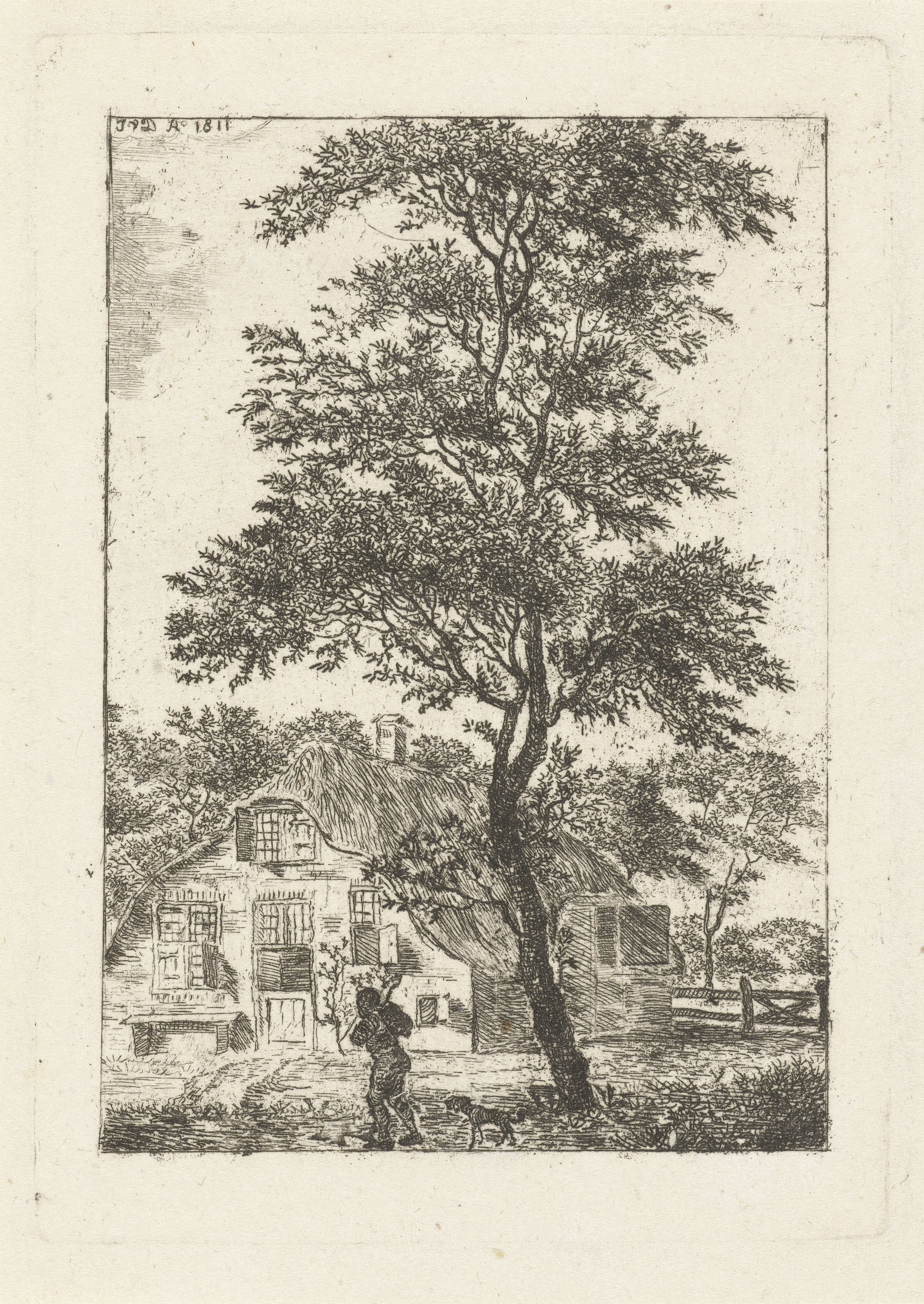 Landschap met boom voor boerderij en man met hond