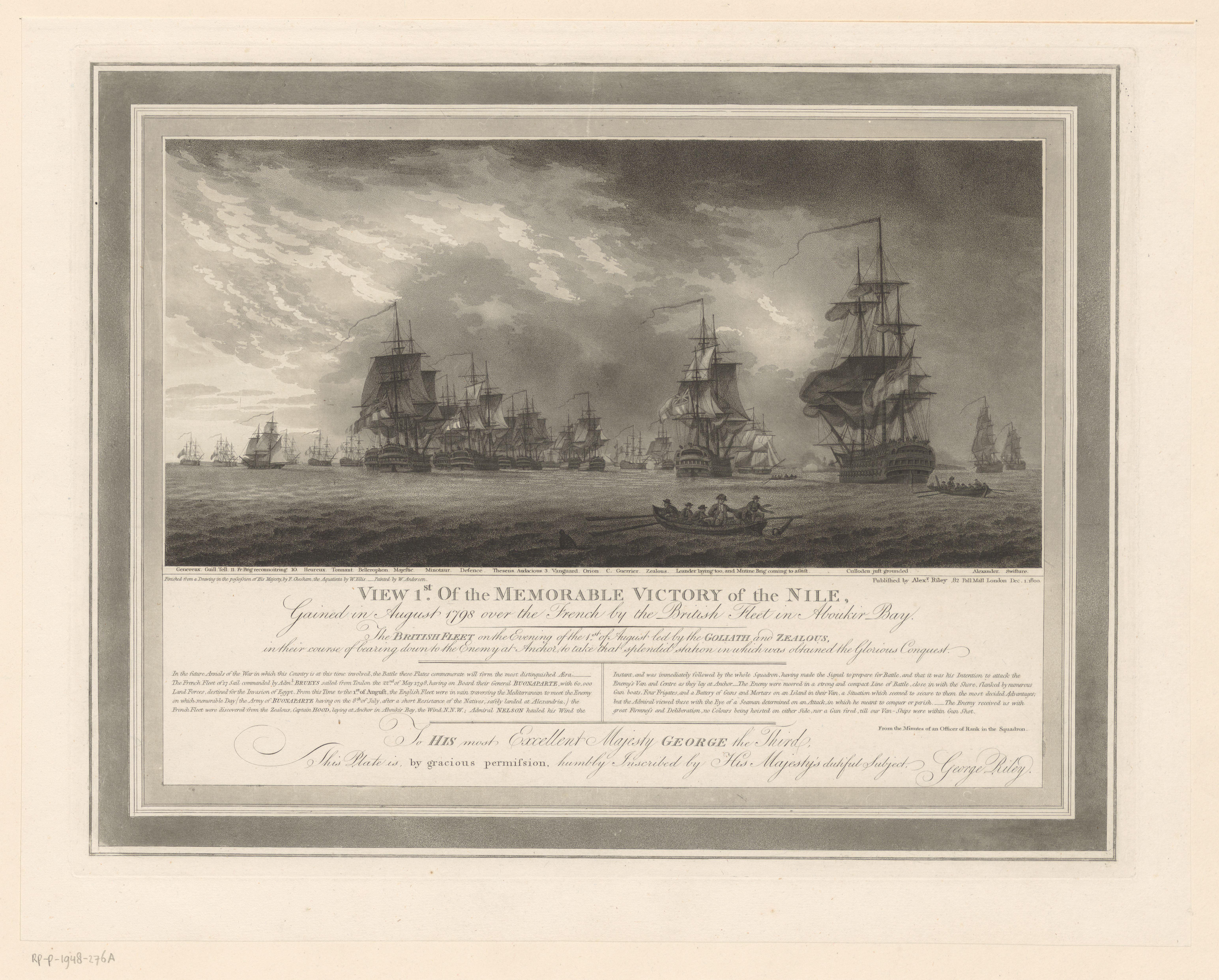 Gezicht op de Baai van Aboukir in de Nijl met de Britse vloot onder leiding van de schepen Goliath en Zealous, 1 augustus 1798