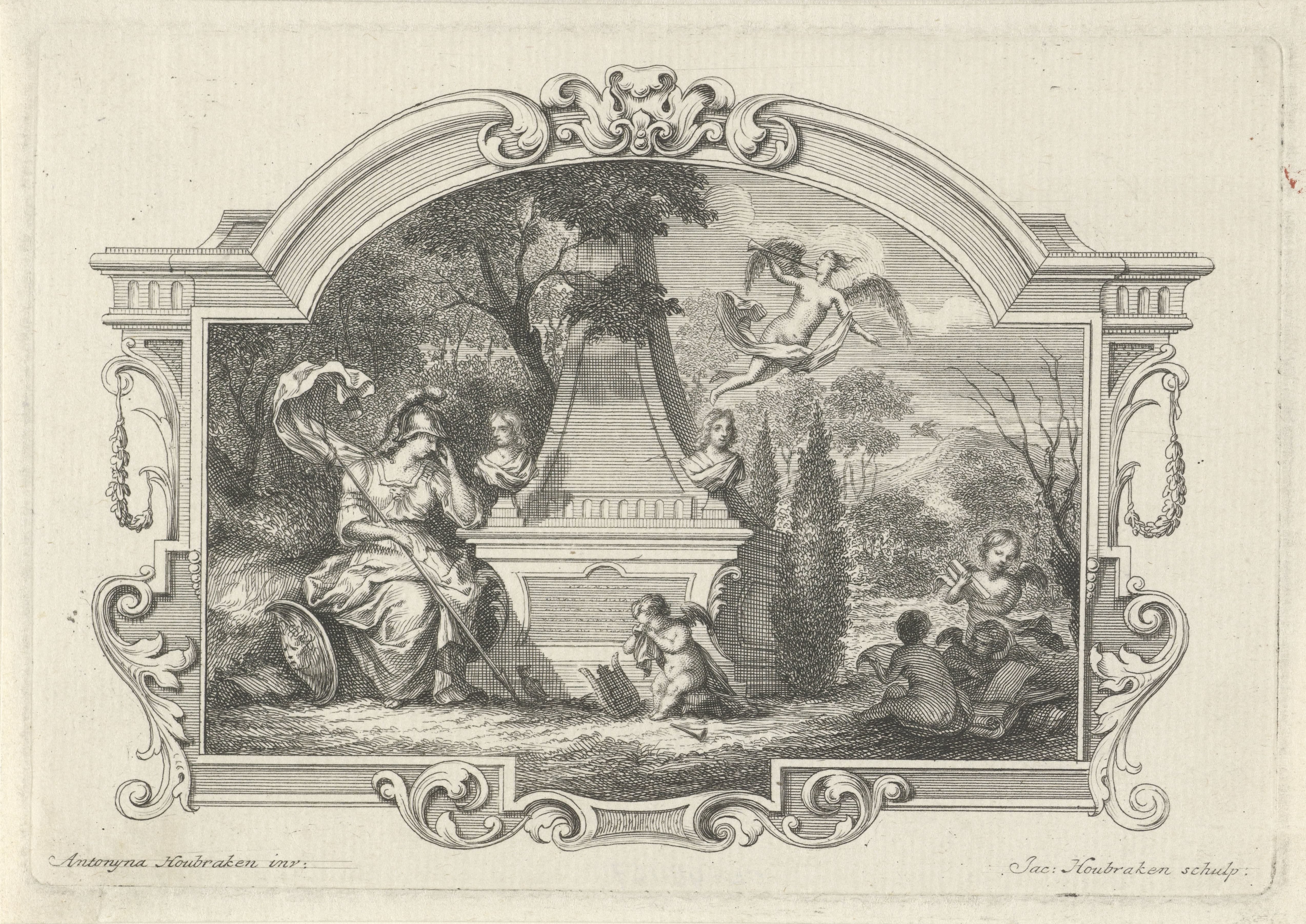 Minerva en putti treurend bij een graftombe