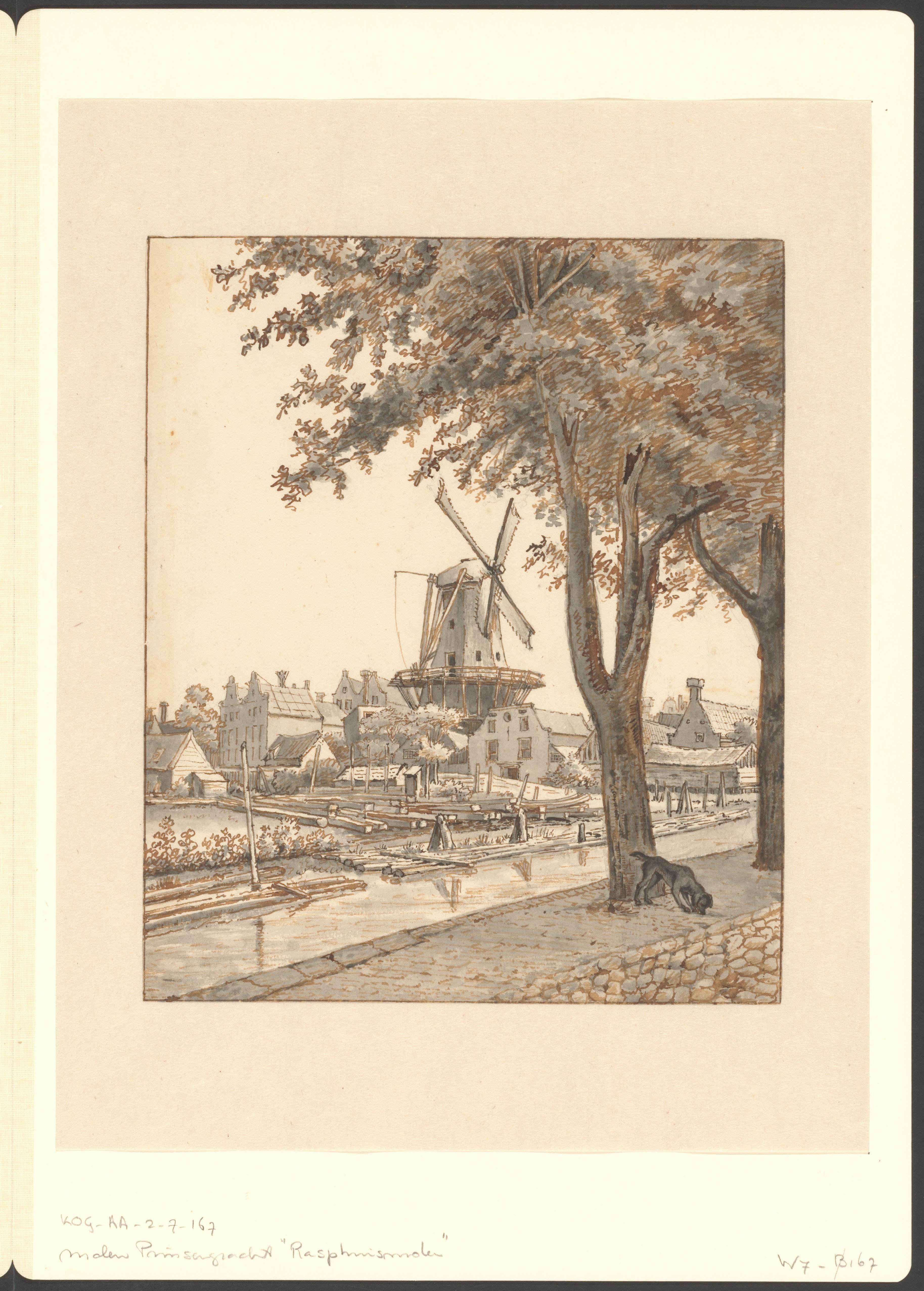 Gezicht op de Rasphuismolen bij de Nieuwe Prinsengracht
