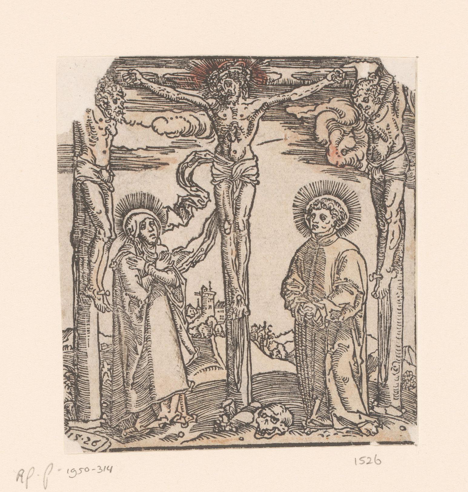Christus aan het kruis met Maria, Johannes de Evangelist en de twee moordenaars