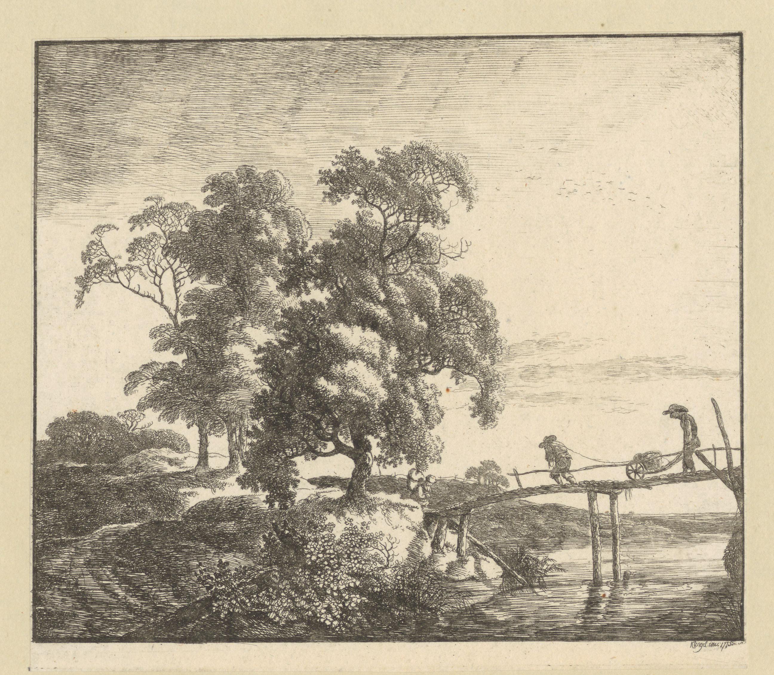 Landschap met twee mannen met kruiwagen op houten brug