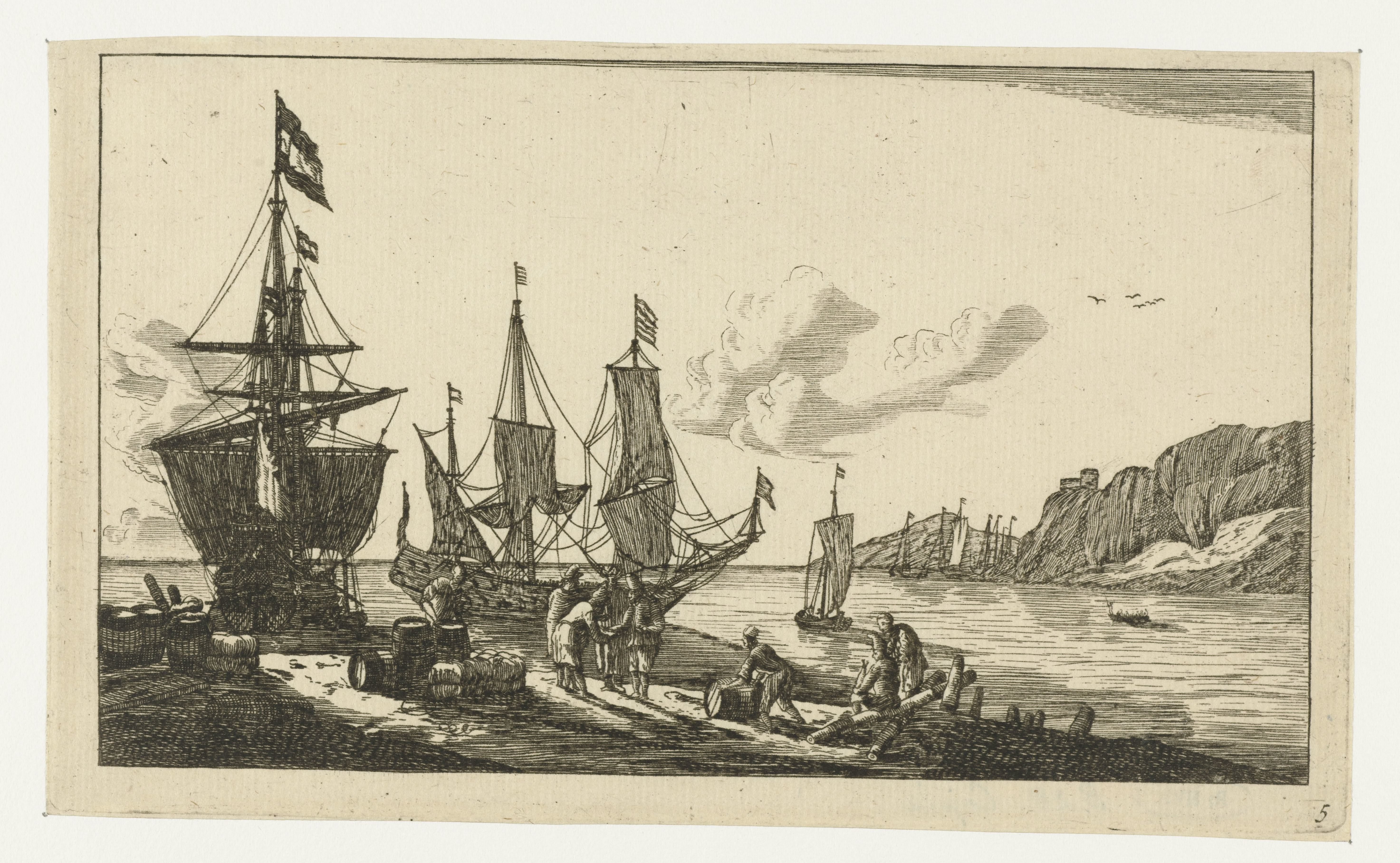 Haven met zeilschepen en zeelieden op de kade