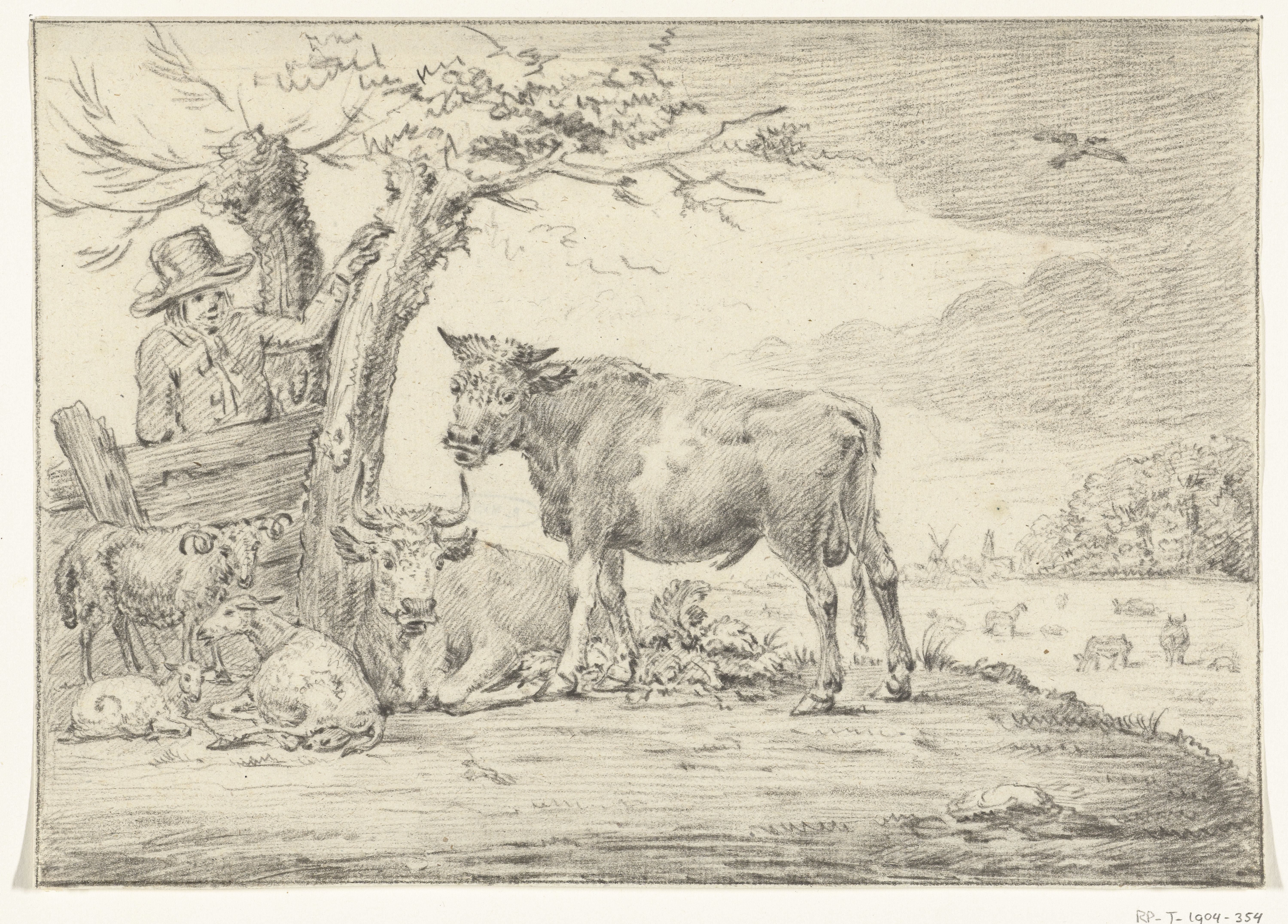 Boer staande bij een hek met vee
